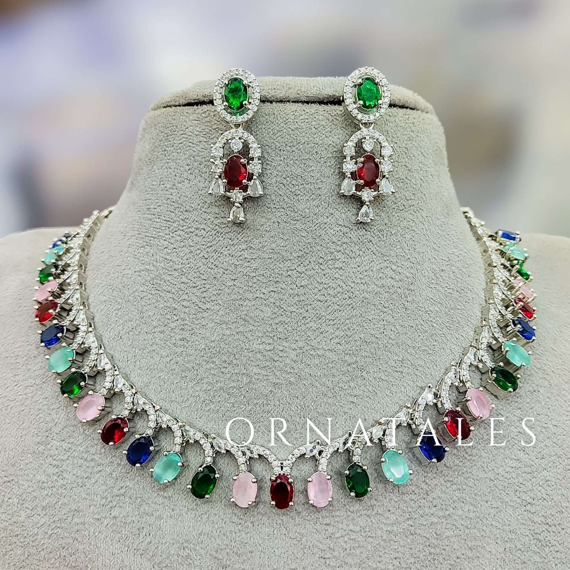 Multicolor Diamond Cut Necklace Set with linear alternated oval and round stones – matching earrings – Ornatales