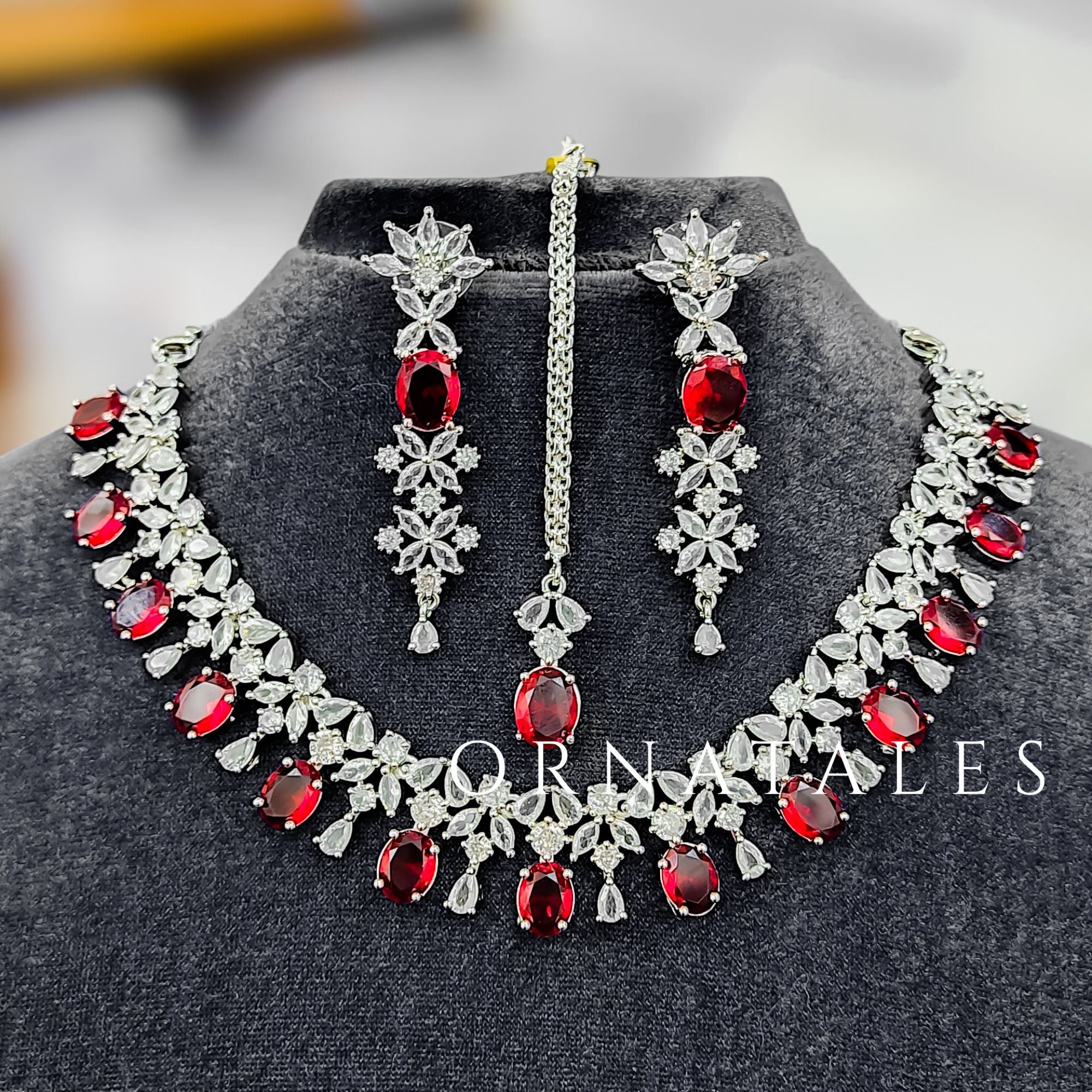 Ruby Red Diamond Cut Necklace Set featuring Imperial Drop Flora design with floral motifs and teardrop stones – Perfect for Bridal & Festive Look – Ornatales