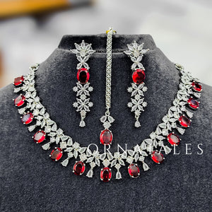 Ruby Red Diamond Cut Necklace Set featuring Imperial Drop Flora design with floral motifs and teardrop stones – Perfect for Bridal & Festive Look – Ornatales