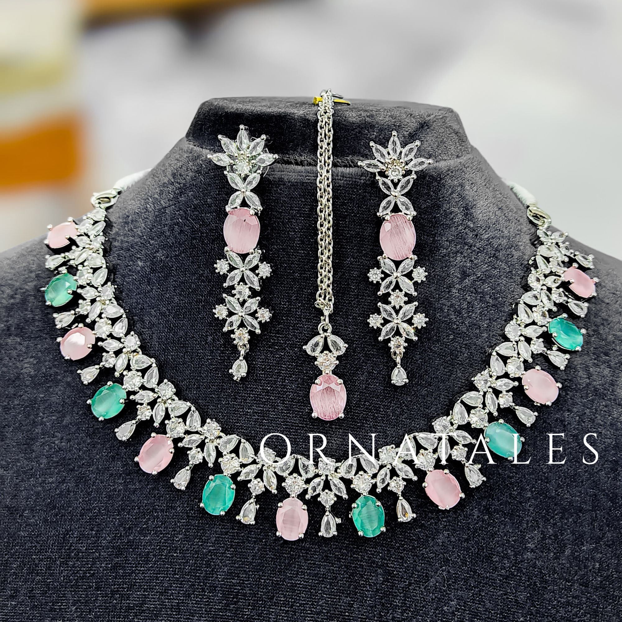 Pink & Mint Diamond Cut Necklace Set featuring Imperial Drop Flora design with floral motifs and teardrop stones – Perfect for Bridal & Festive Look – Ornatales