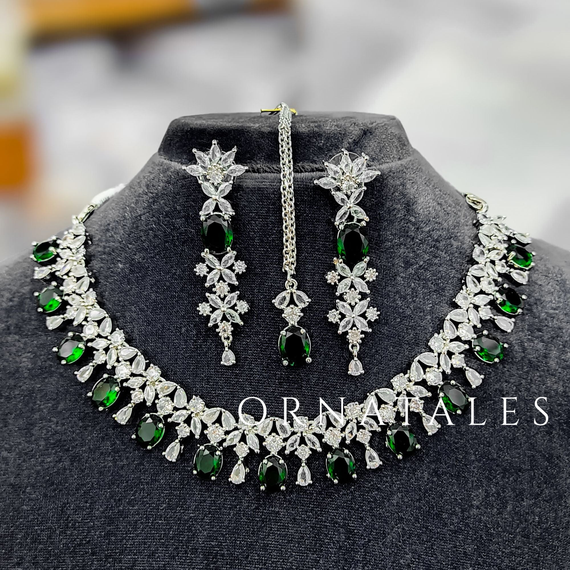 Emerald Green Diamond Cut Necklace Set featuring Imperial Drop Flora design with floral motifs and teardrop stones – Perfect for Bridal & Festive Look – Ornatales
