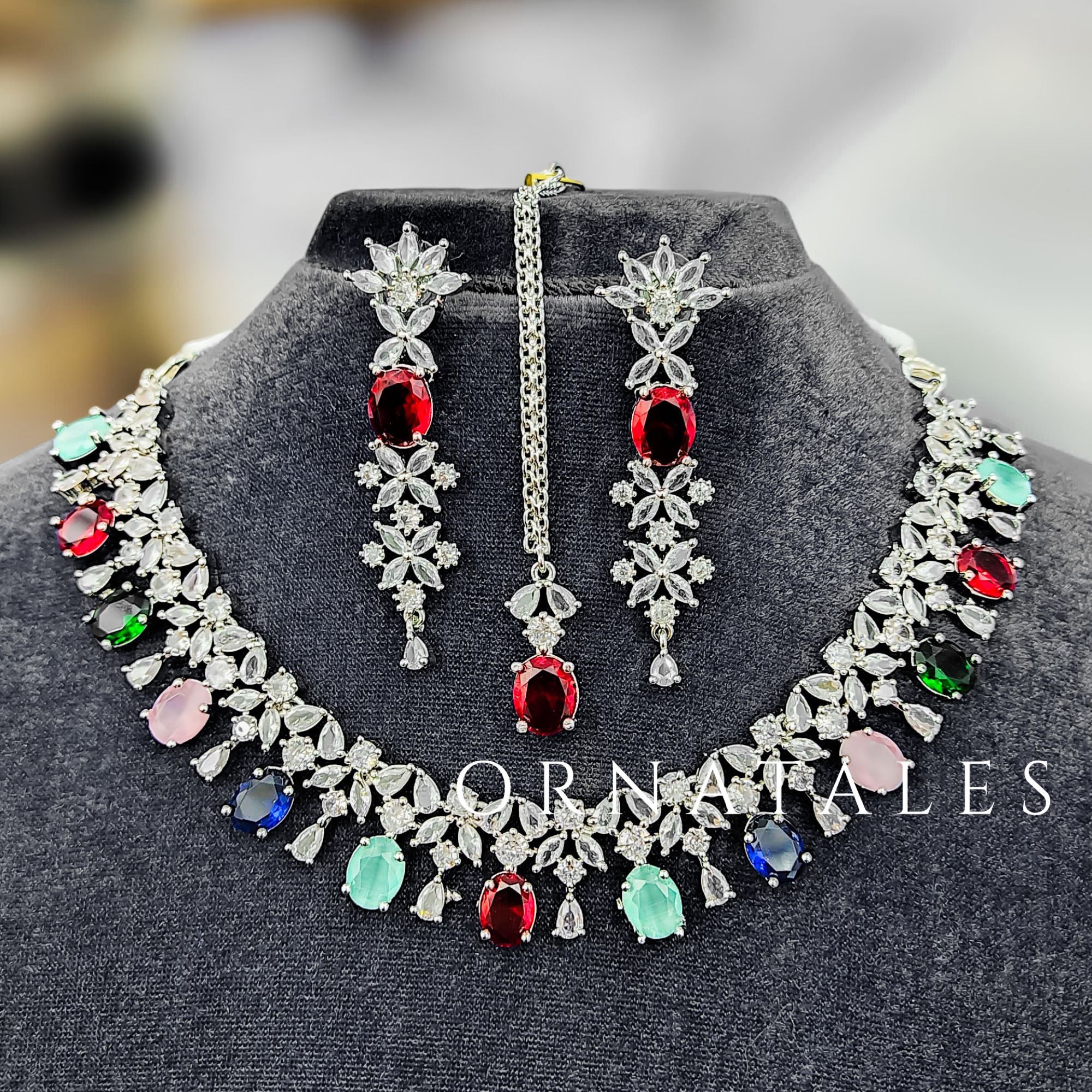 Multicolor Diamond Cut Necklace Set featuring Imperial Drop Flora design with floral motifs and teardrop stones – Perfect for Bridal & Festive Look – Ornatales