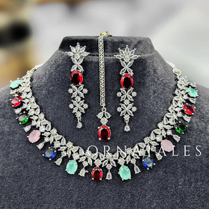 Multicolor Diamond Cut Necklace Set featuring Imperial Drop Flora design with floral motifs and teardrop stones – Perfect for Bridal & Festive Look – Ornatales