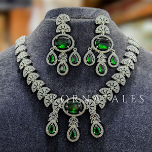 Emerald Green Diamond Cut Necklace Set featuring Regal Drop Symphony design with teardrop and leaf motifs – Perfect for Bridal & Party Look – Ornatales