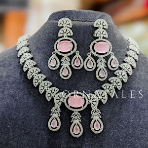 Pink Diamond Cut Necklace Set featuring Regal Drop Symphony design with teardrop and leaf motifs – Perfect for Bridal & Party Look – Ornatales