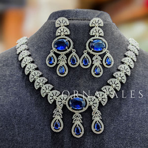 Royal Blue Diamond Cut Necklace Set featuring Regal Drop Symphony design with oval stones and teardrop accents – Perfect for Bridal Look – Ornatales