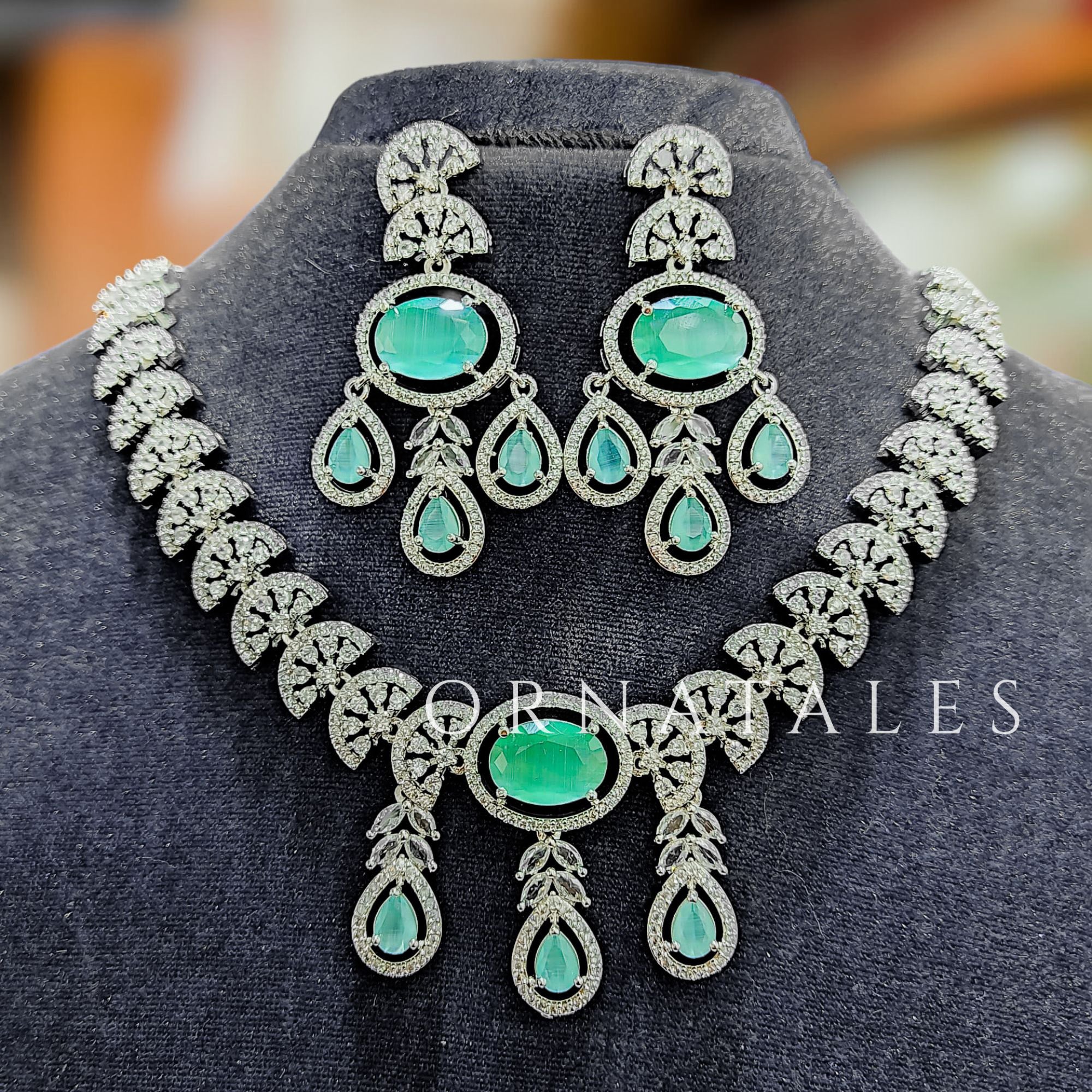 Mint Diamond Cut Necklace Set featuring Regal Drop Symphony design with oval stones and teardrop details – Perfect for Bridal & Festive Look – Ornatales