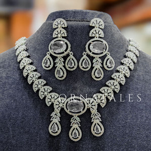Crystal White Diamond Cut Necklace Set featuring Regal Drop Symphony design with cascading teardrop elements – Perfect for Bridal & Party Look – Ornatales