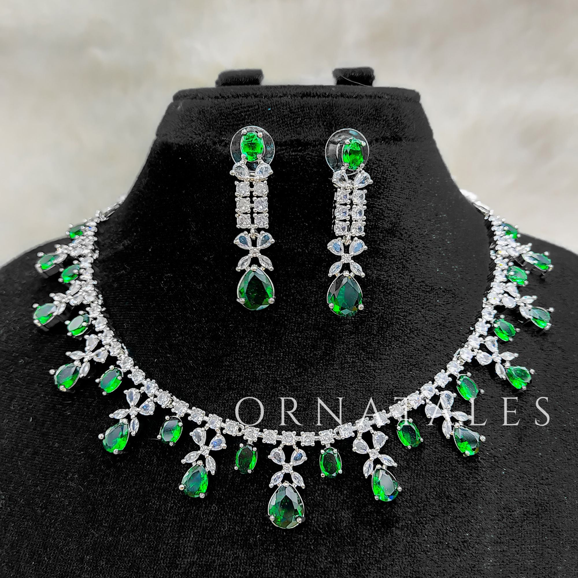 Emerald Green Diamond Cut Necklace Set featuring cascading teardrop stones and clustered diamond detailing – Ornatales