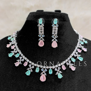 Pink & Mint Diamond Cut Necklace Set featuring cascading teardrop stones and clustered diamond detailing – Ornatales
