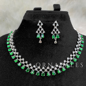 Emerald Green Diamond Cut Necklace Set featuring Elegant Grace Drop design with symmetrical teardrop and diamond cluster motifs – Perfect for Bridal Look – Ornatales