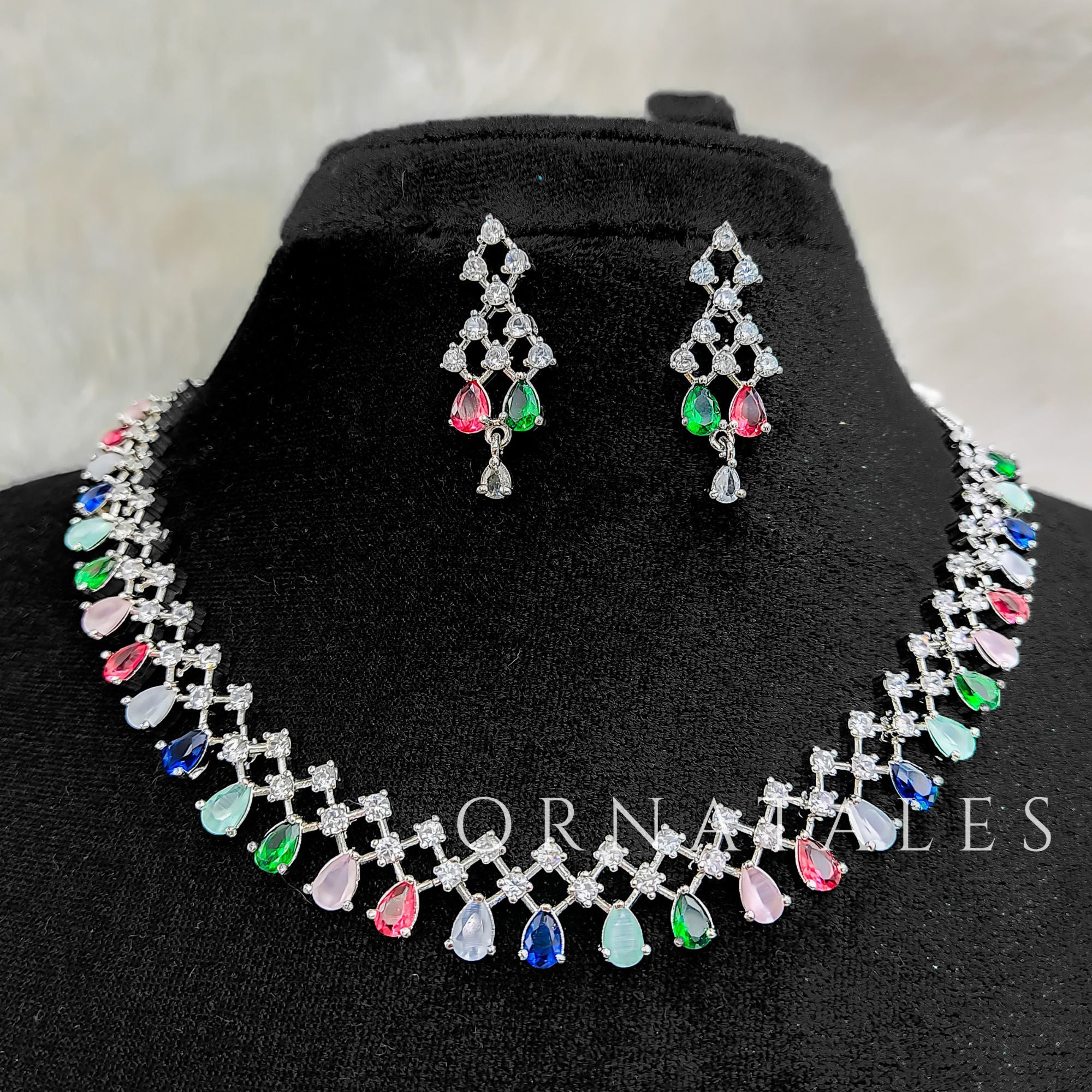 Multicolor Diamond Cut Necklace Set featuring Elegant Grace Drop design with symmetrical teardrop and diamond cluster motifs – Perfect for Bridal Look – Ornatales