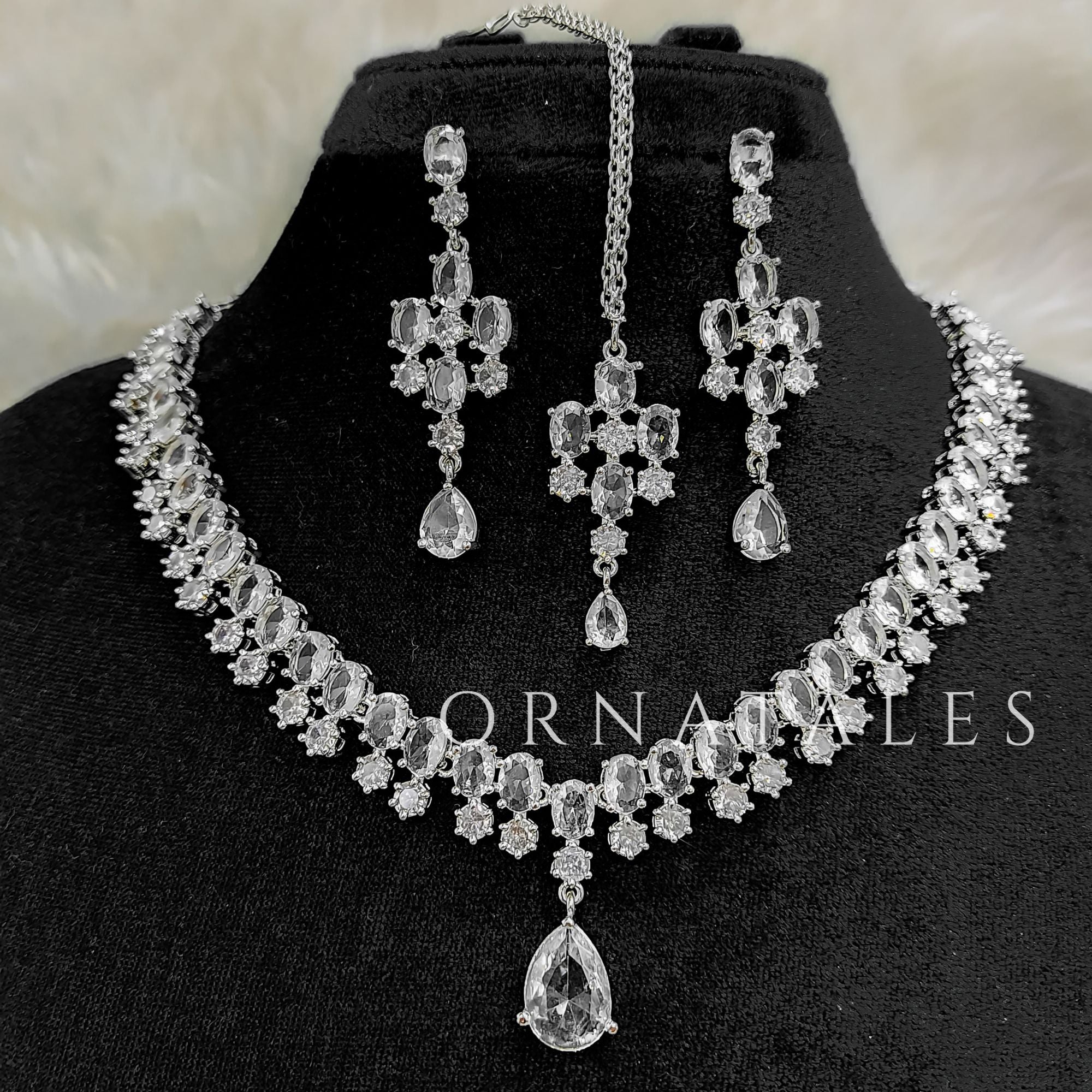 Crystal White Diamond Cut Chandelier Necklace Set with matching earrings and tikli – Ornatales