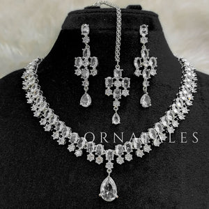 Crystal White Diamond Cut Chandelier Necklace Set with matching earrings and tikli – Ornatales
