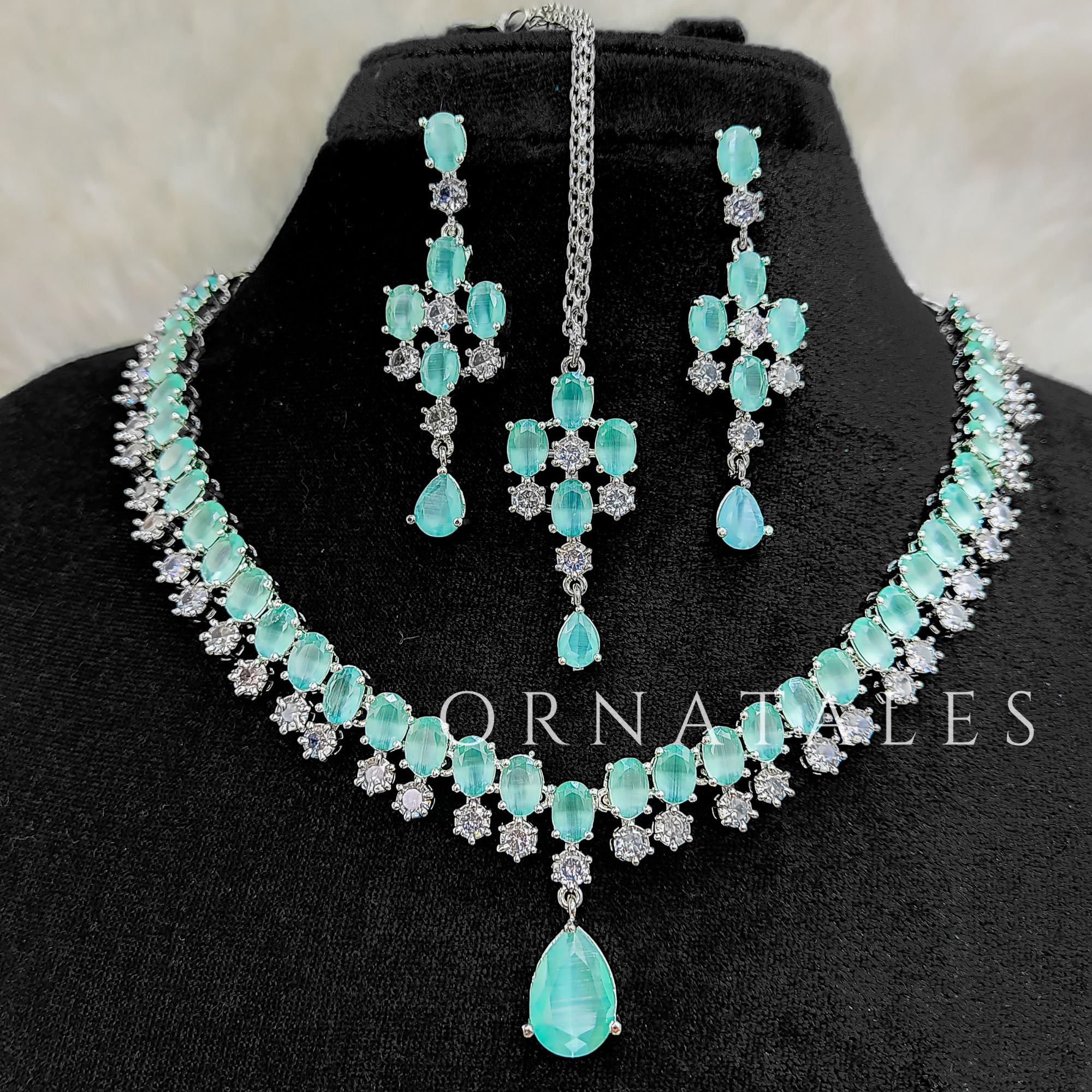 Mint Diamond Cut Chandelier Necklace Set with matching earrings and tikli – Ornatales