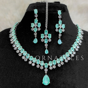 Mint Diamond Cut Chandelier Necklace Set with matching earrings and tikli – Ornatales