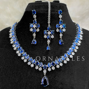Royal Blue Diamond Cut Chandelier Necklace Set with matching earrings and tikli – Ornatales