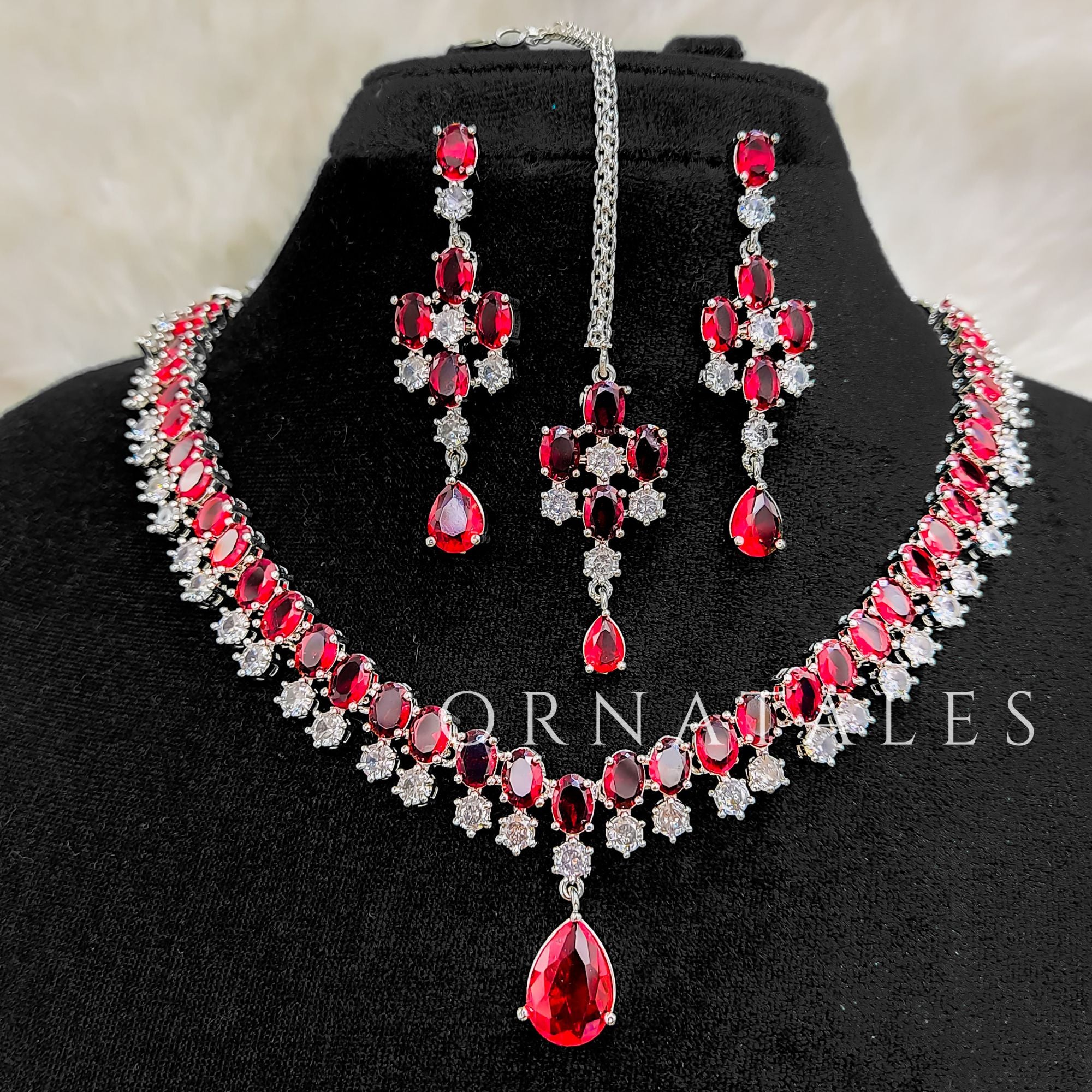 Magenta Diamond Cut Chandelier Necklace Set with matching earrings and tikli – Ornatales