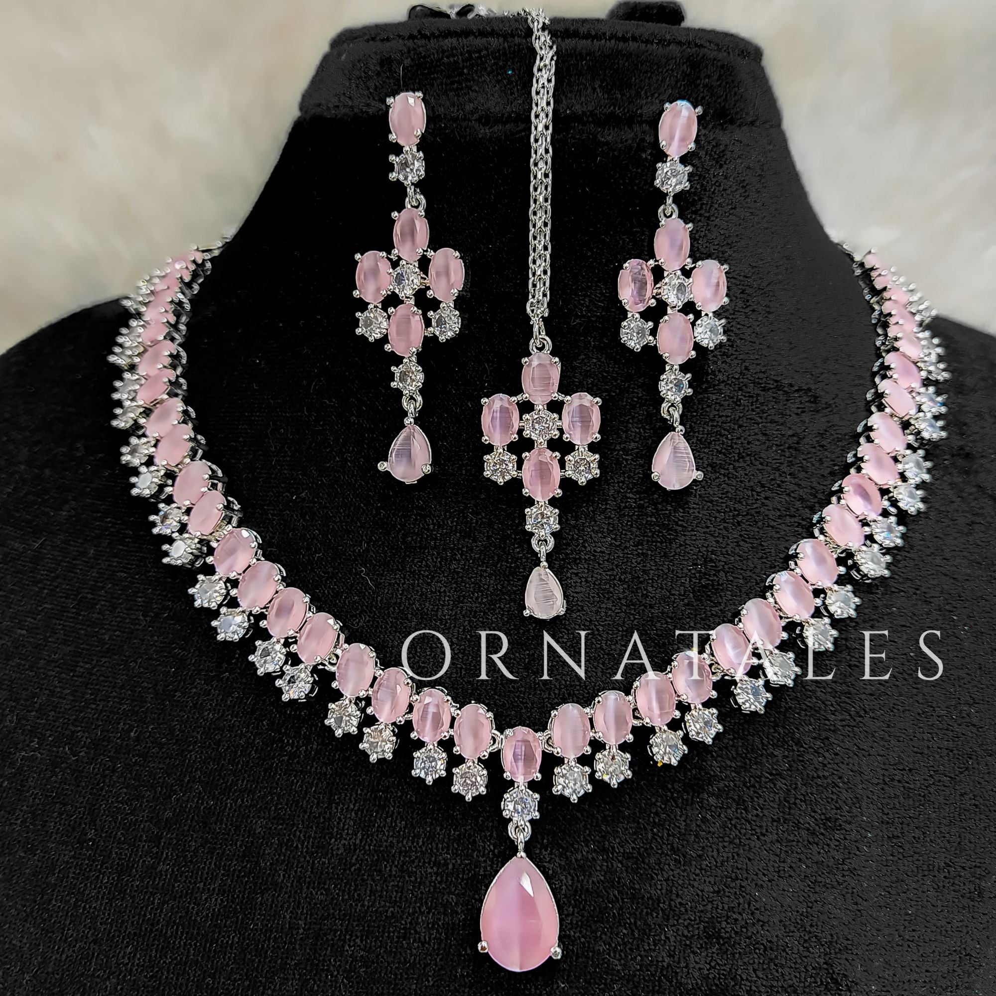 Pink Diamond Cut Chandelier Necklace Set with matching earrings and tikli – Ornatales