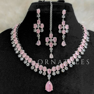 Pink Diamond Cut Chandelier Necklace Set with matching earrings and tikli – Ornatales