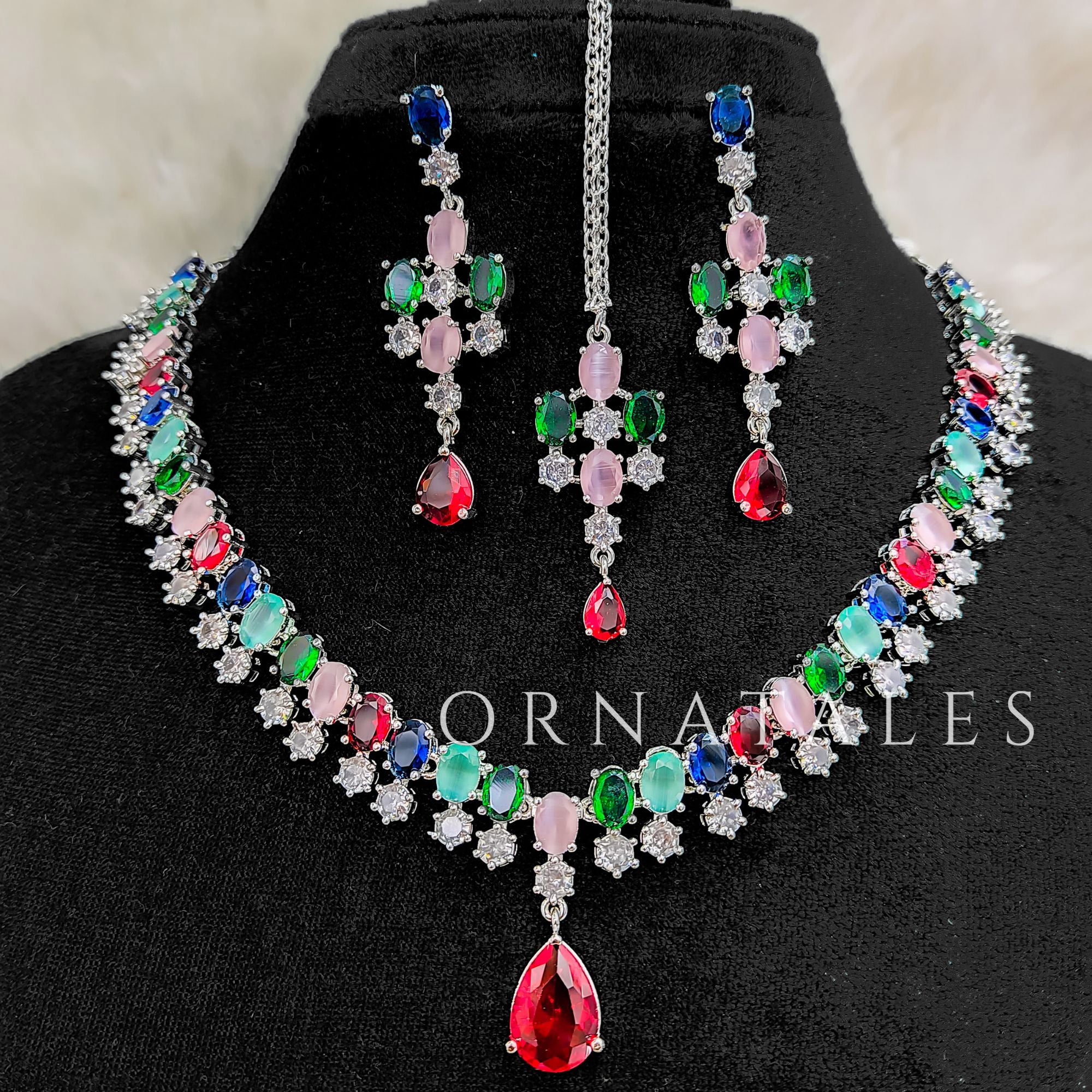 Multicolor Diamond Cut Chandelier Necklace Set with matching earrings and tikli – Ornatales
