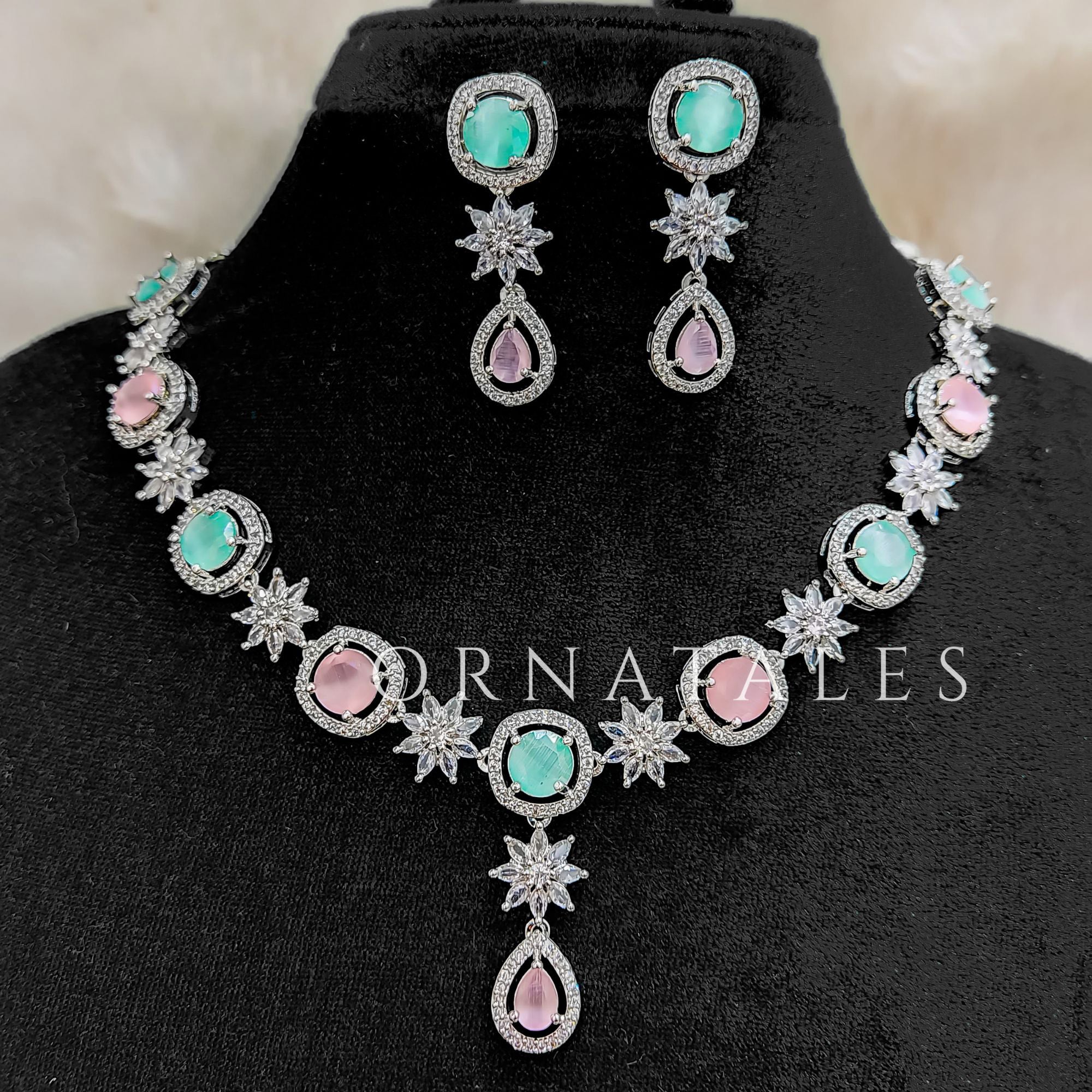 Pink and Mint Diamond Cut Necklace Set with starburst motif and teardrop accents – Ornatales