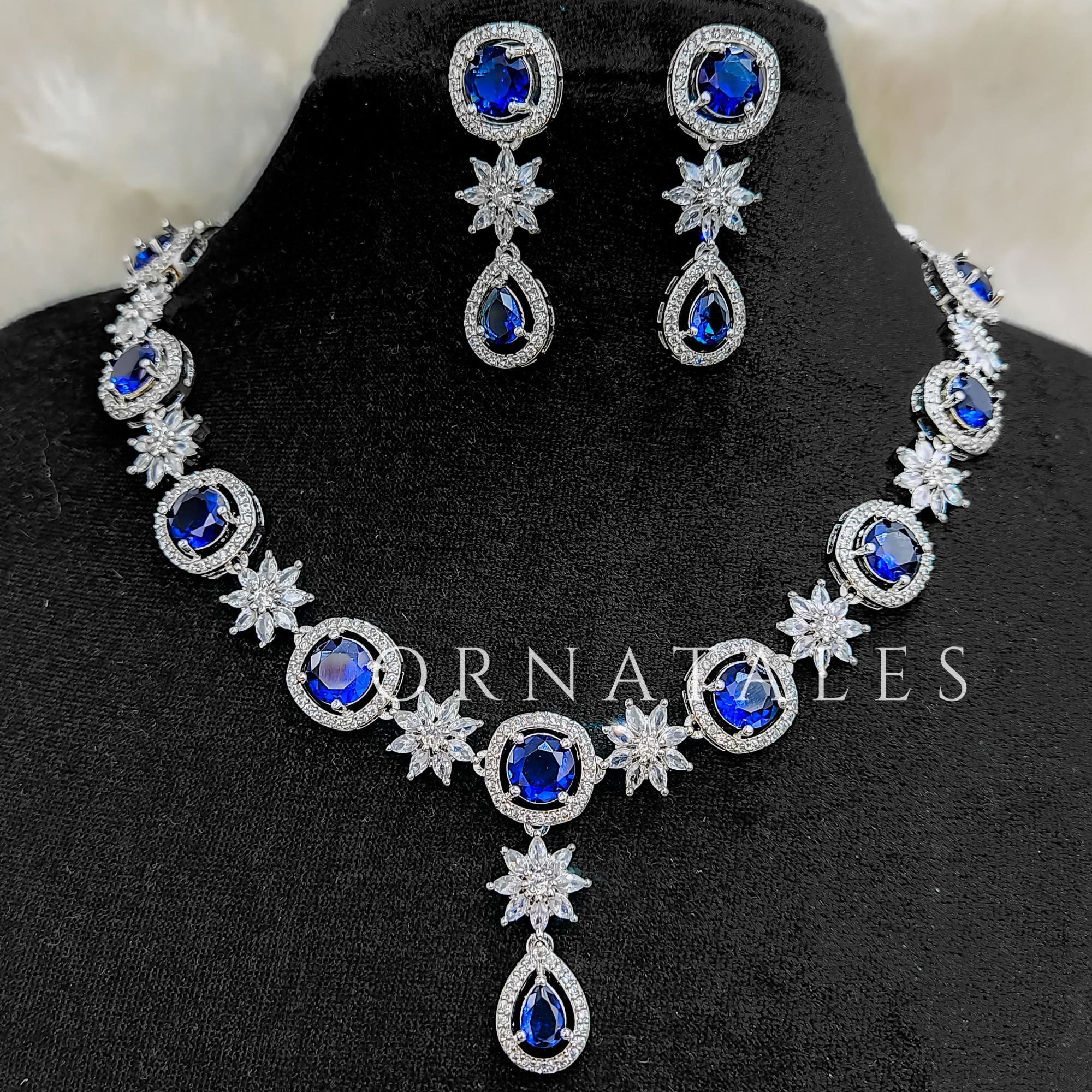 Royal Blue Diamond Cut Necklace Set with starburst motif and teardrop accents – Ornatales