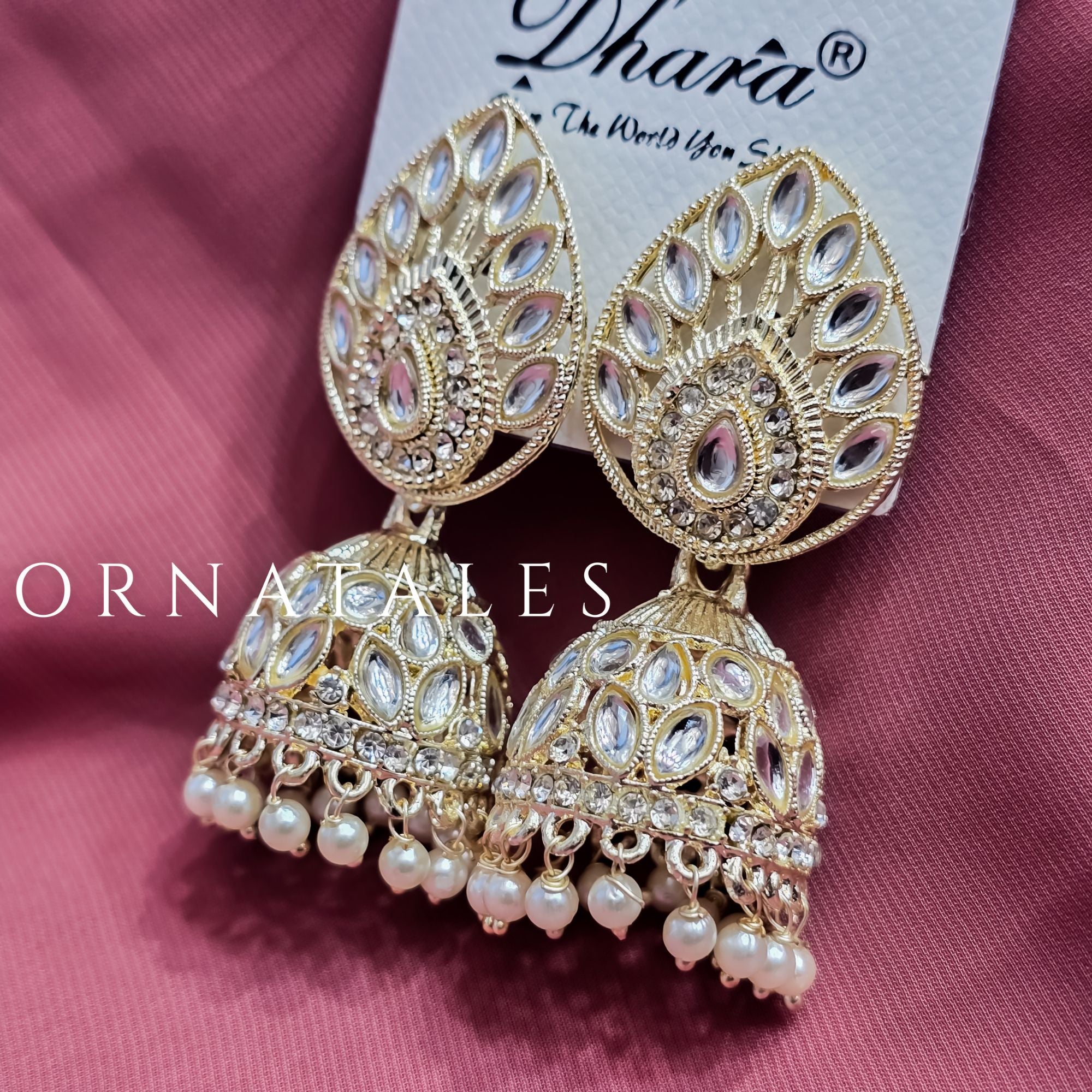 White Pakistani Jhumka Earrings featuring Multani Kundan design with Pearl Drops – Perfect for Bridal and Festive Look – Ornatales