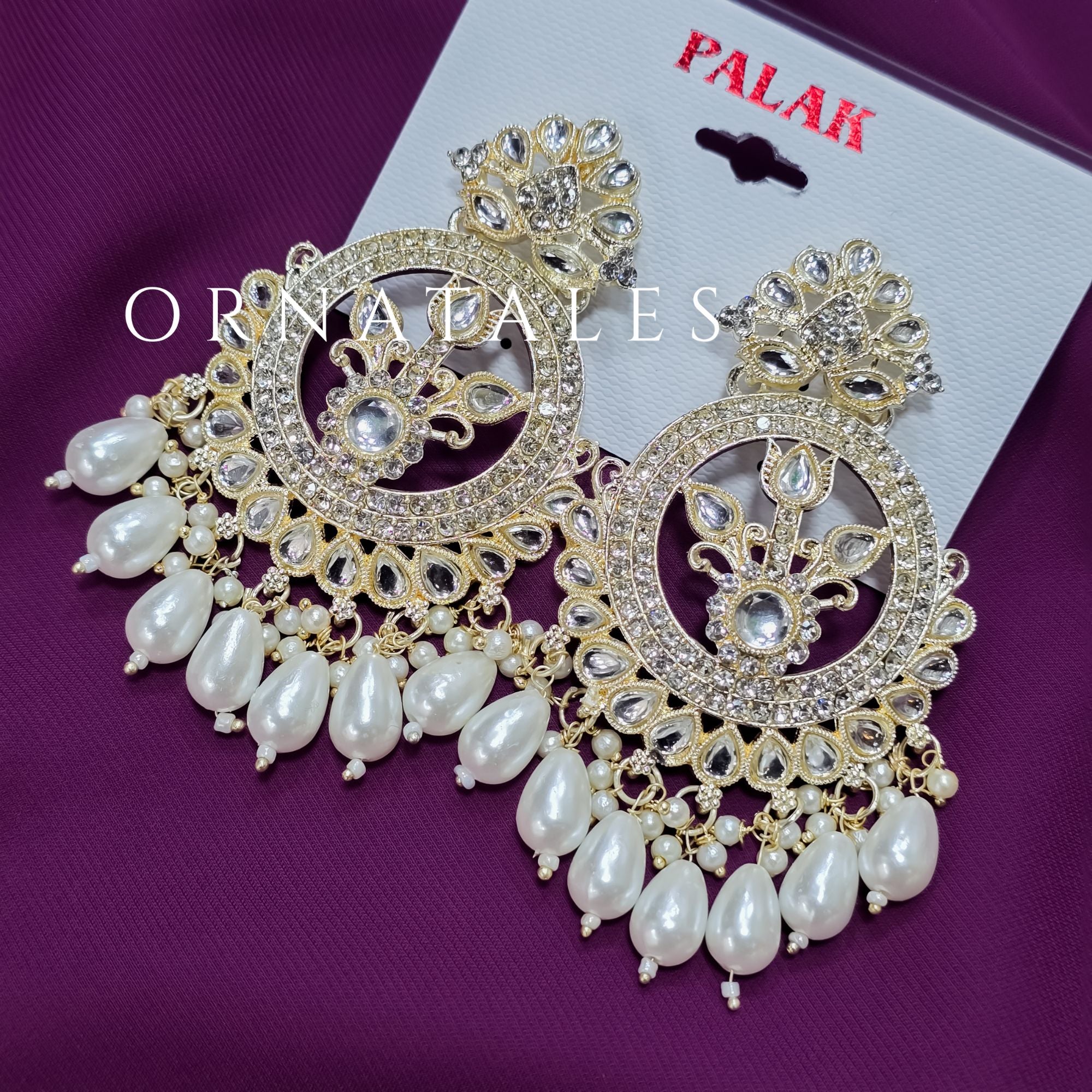 White Pakistani Chandbali Earrings featuring Multani Kundan design with Pearl Drops – Perfect for Bridal and Festive Look – Ornatales