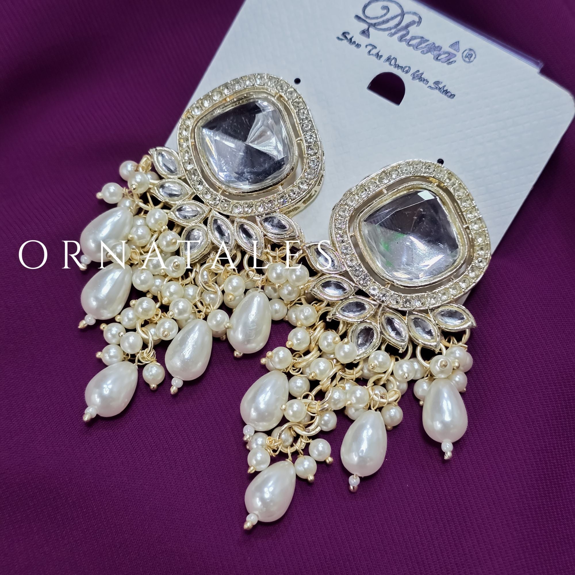 White Pakistani Chandbali Earrings featuring Multani Kundan design with Pearl Drops – Perfect for Bridal and Festive Look – Ornatales
