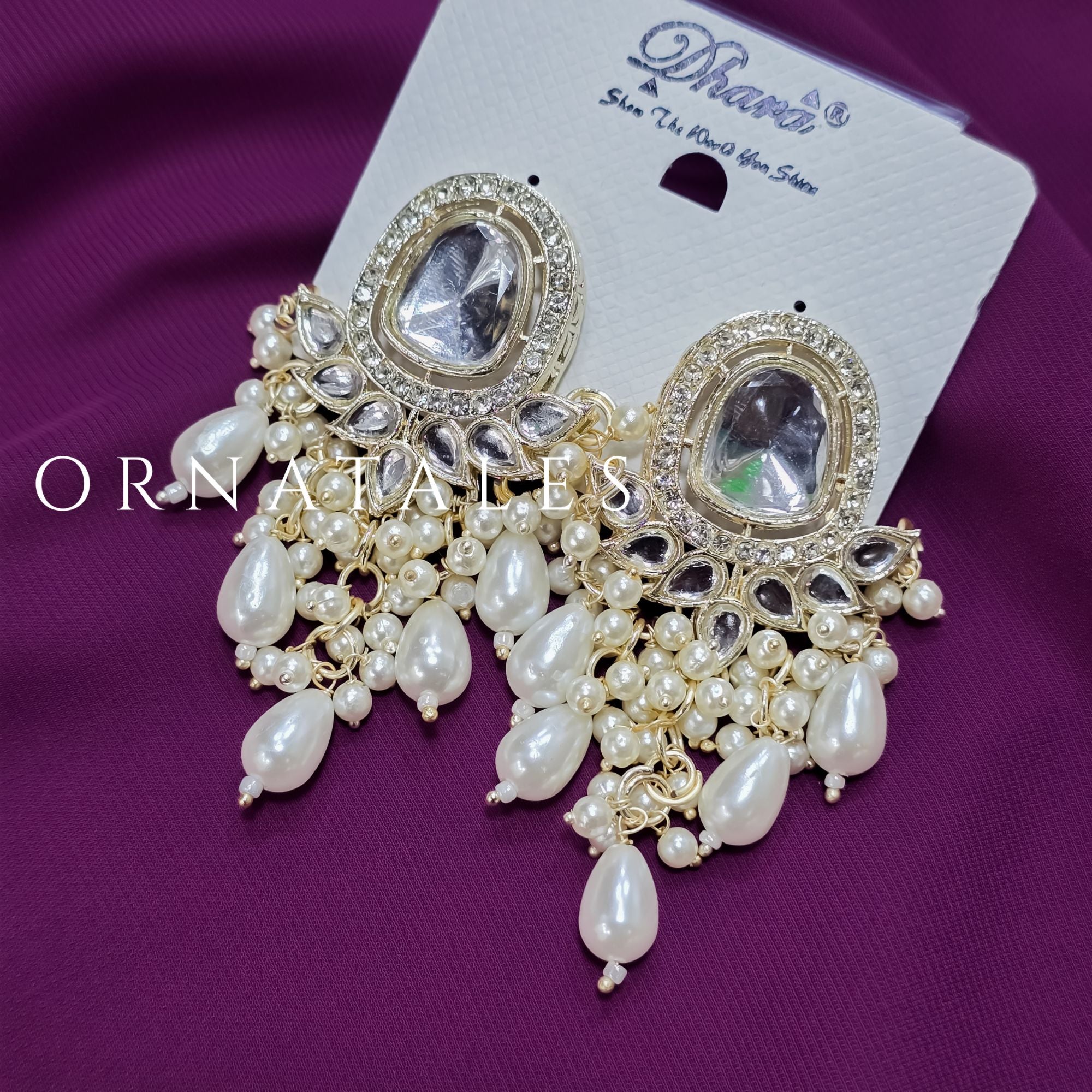 White Pakistani Chandbali Earrings featuring Multani Kundan design with Pearl Drops – Perfect for Bridal and Festive Look – Ornatales