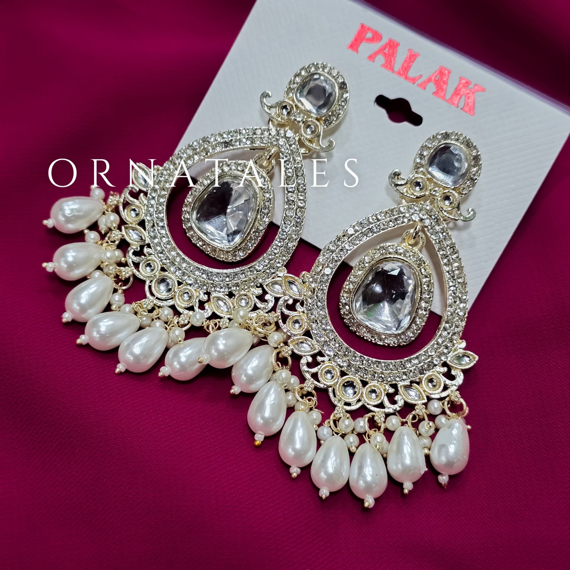 White Pakistani Chandbali Earrings featuring Multani Kundan design with Pearl Drops – Perfect for Bridal and Festive Look – Ornatales