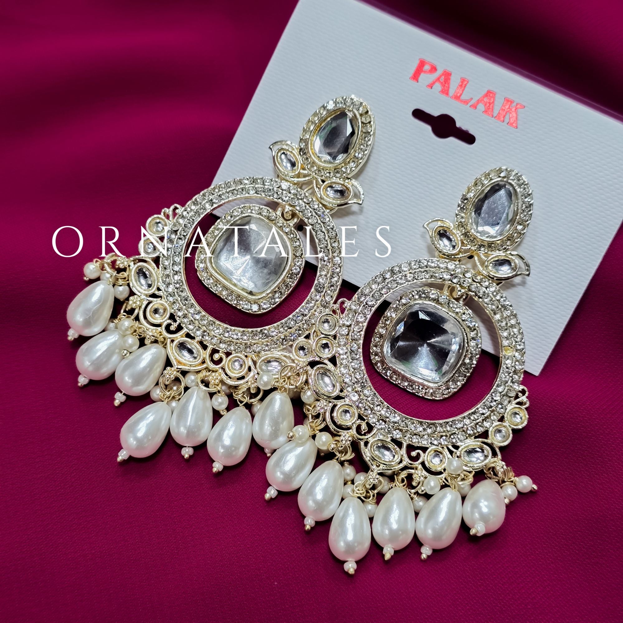 White Pakistani Chandbali Earrings featuring Multani Kundan design with Pearl Drops – Perfect for Bridal and Festive Look – Ornatales
