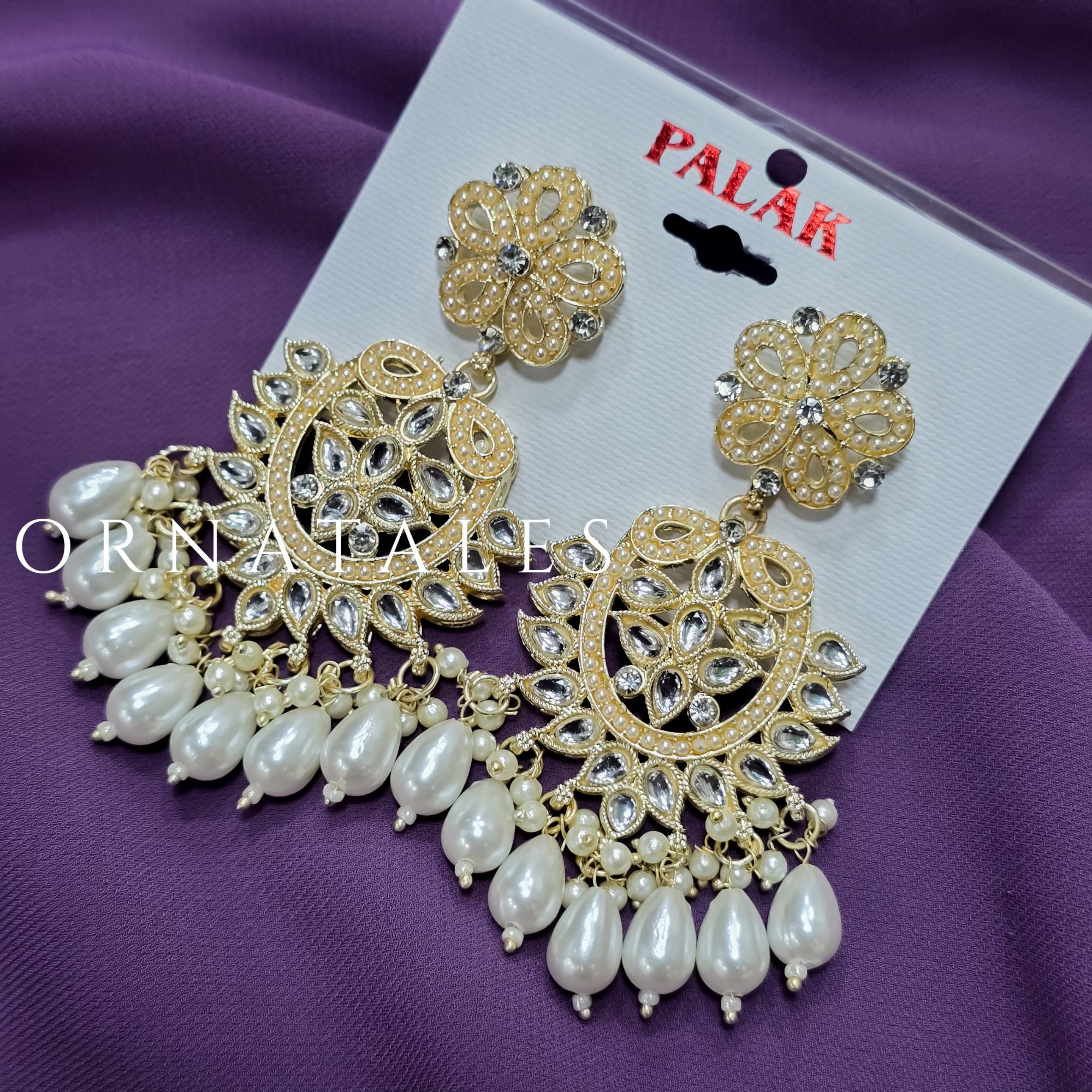 White Pakistani Chandbali Earrings featuring Multani Kundan design with Pearl Drops – Perfect for Bridal and Festive Look – Ornatales