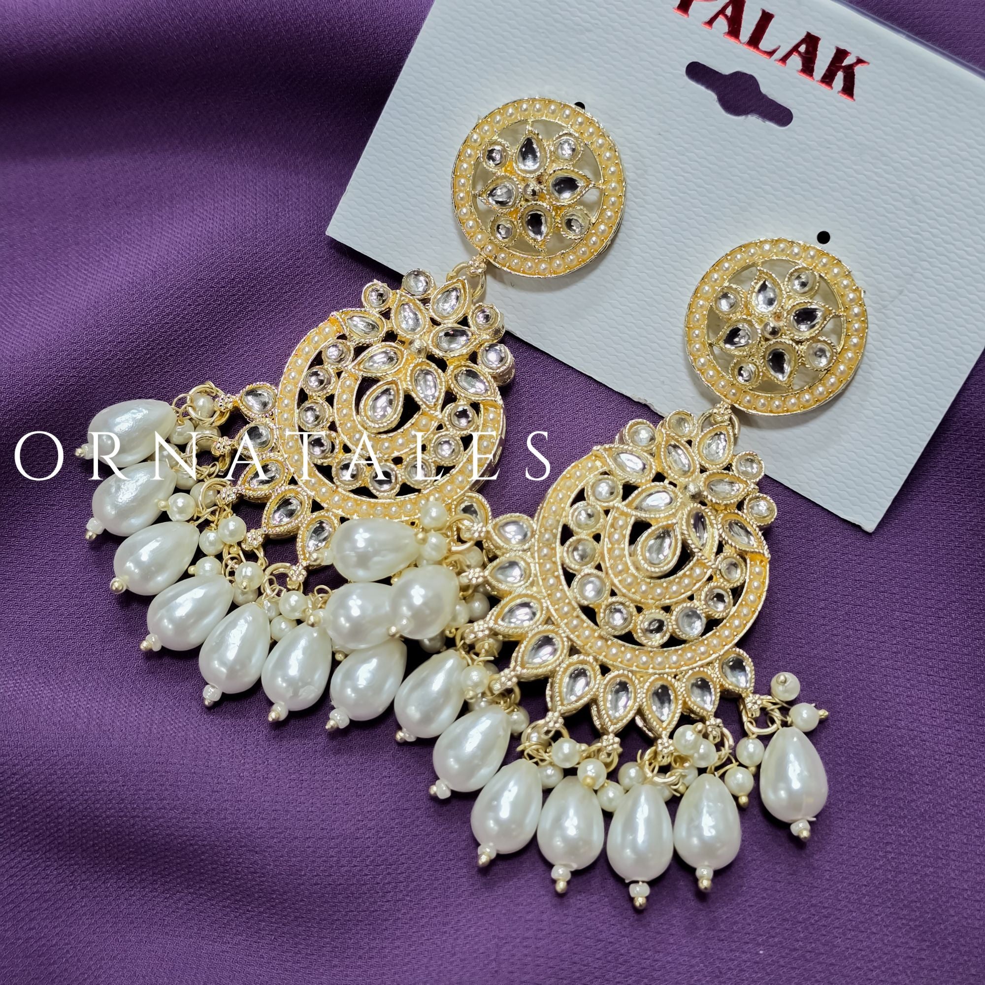 White Pakistani Chandbali Earrings featuring Multani Kundan design with Pearl Drops – Perfect for Bridal and Festive Look – Ornatales