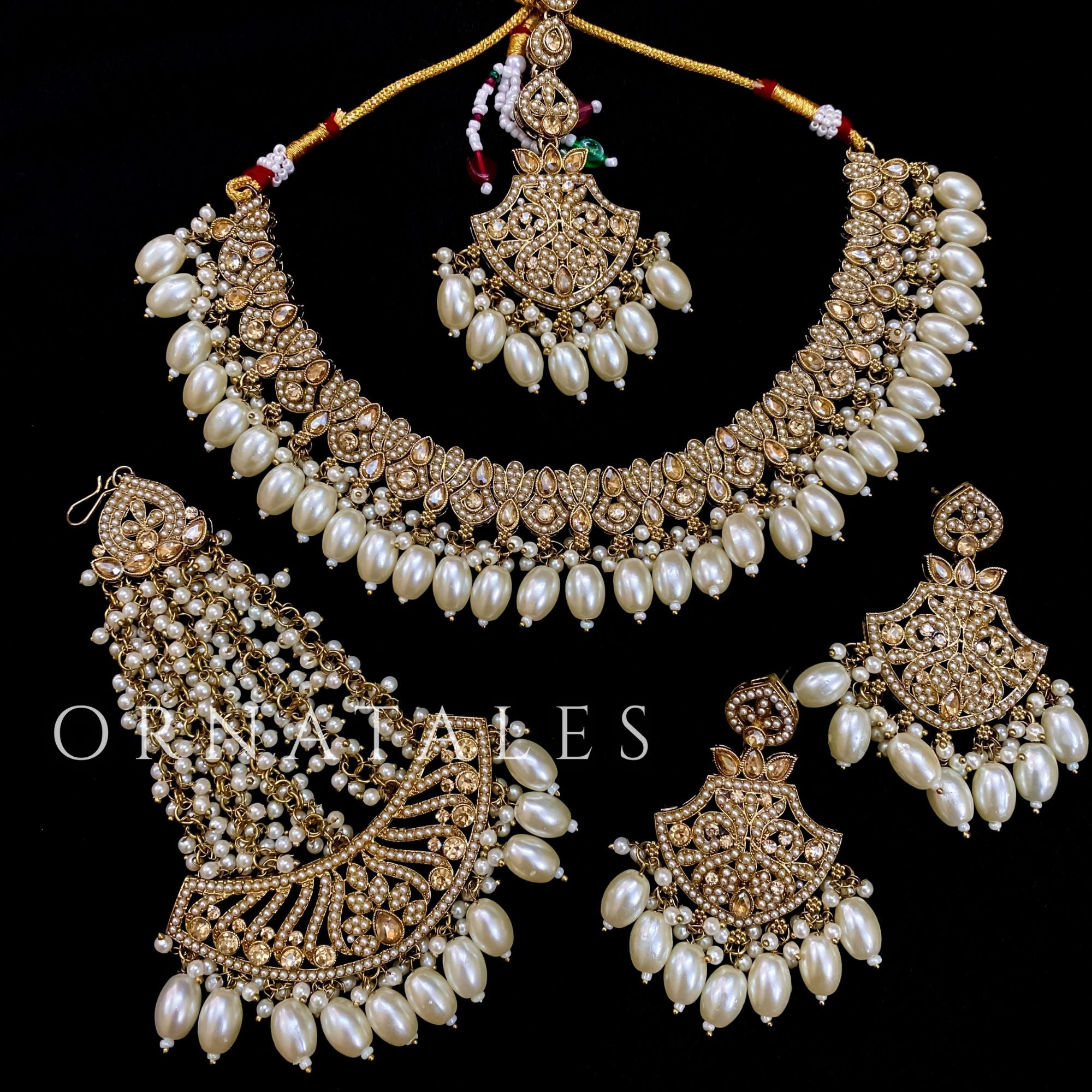 Pakistani bridal necklace set with small stone work and pearl drops including earrings and tikli – Ornatales