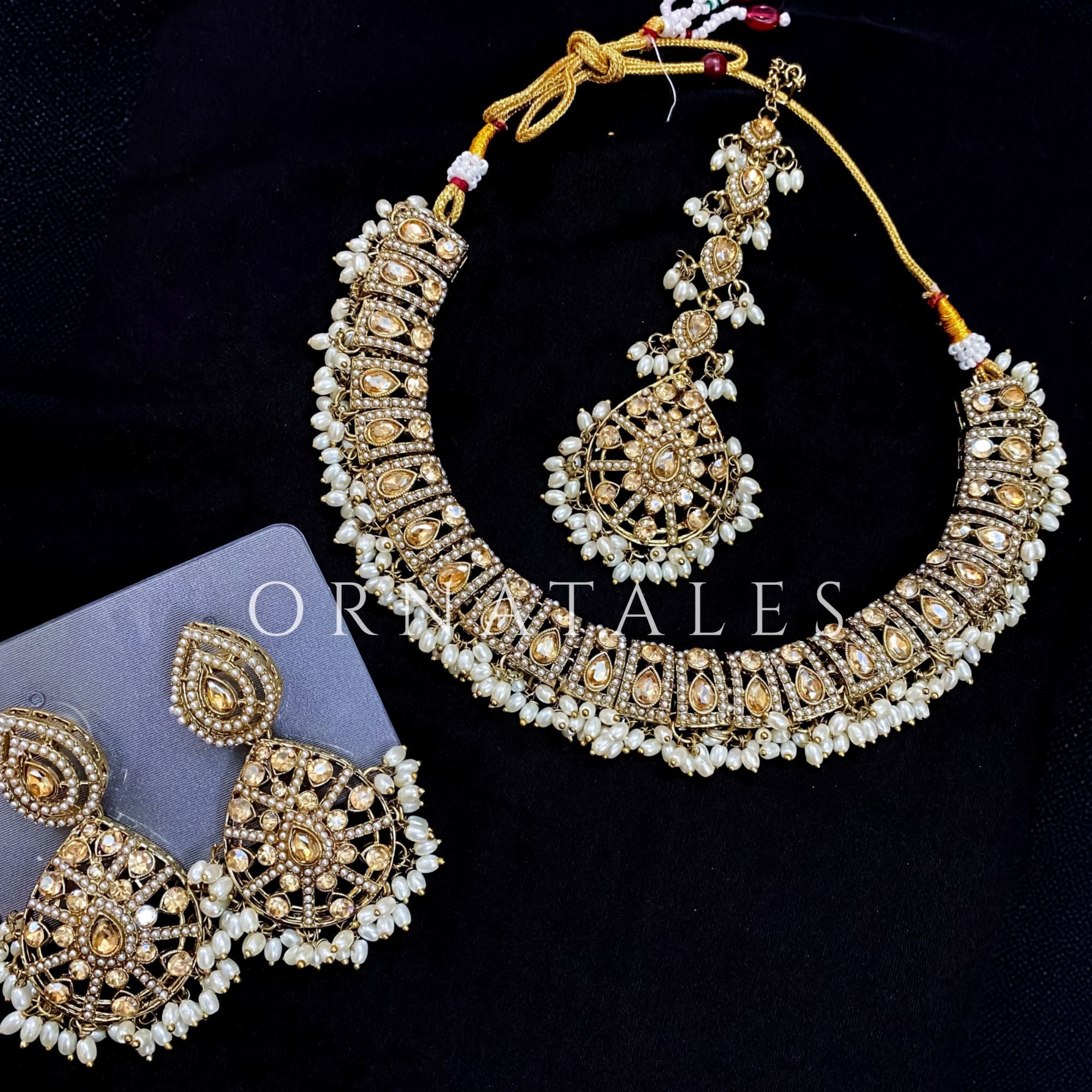 Pakistani bridal necklace set with small stone work and pearl drops including earrings and tikli – Ornatales