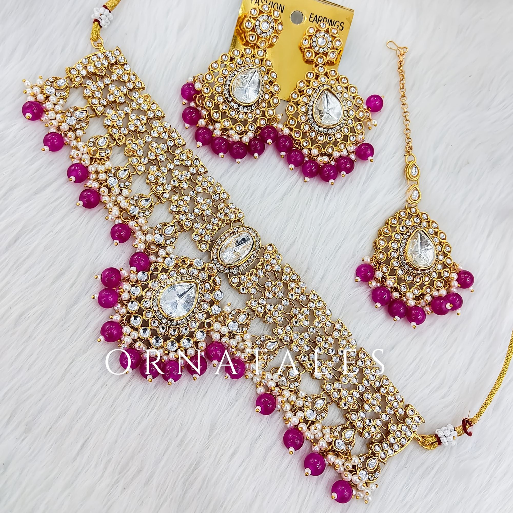 Royal Pink pearl kundan necklace set with matching earrings and tikli – bridal and festive jewelry – Ornatales