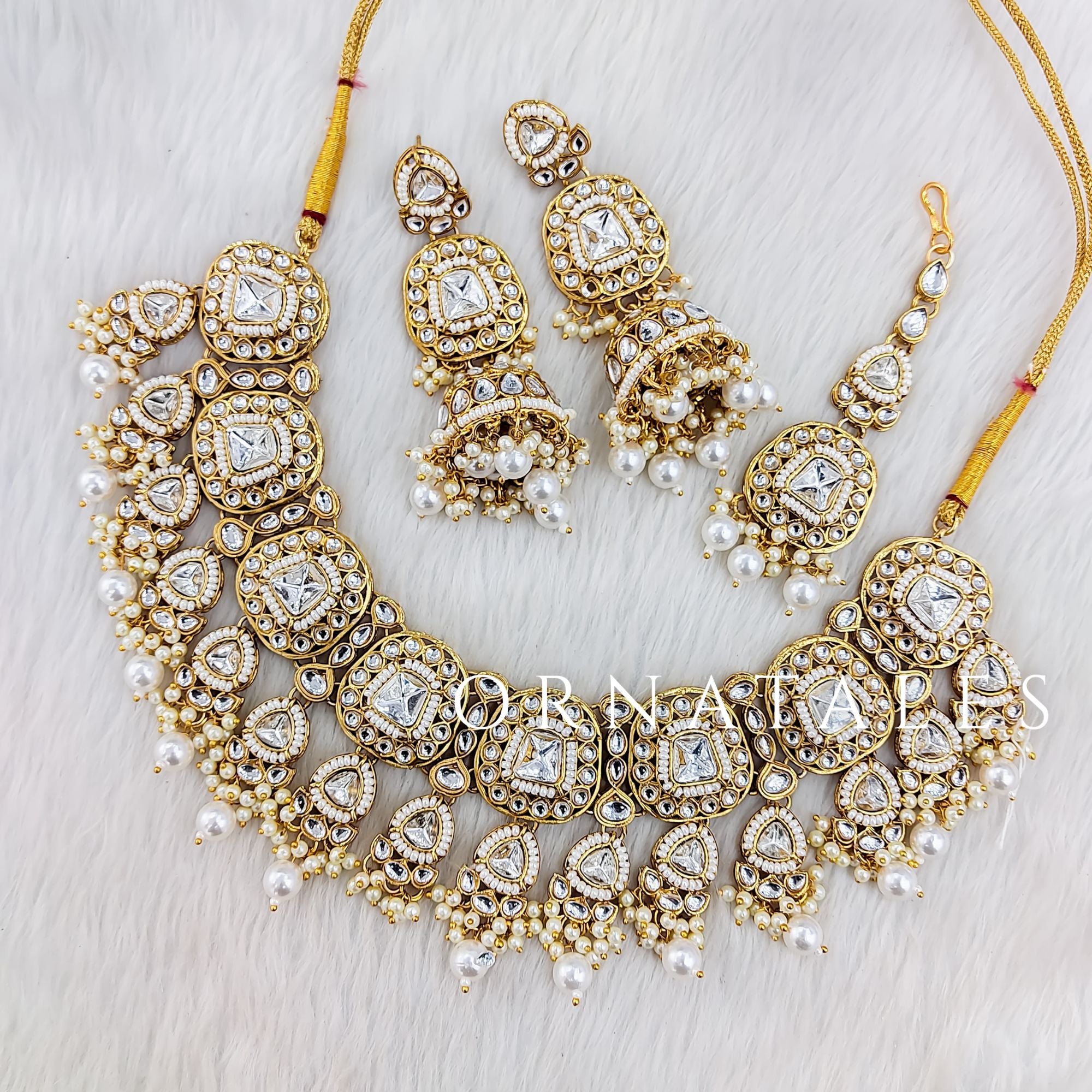 White pearl kundan necklace set with matching earrings and tikli – bridal and festive jewelry – Ornatales