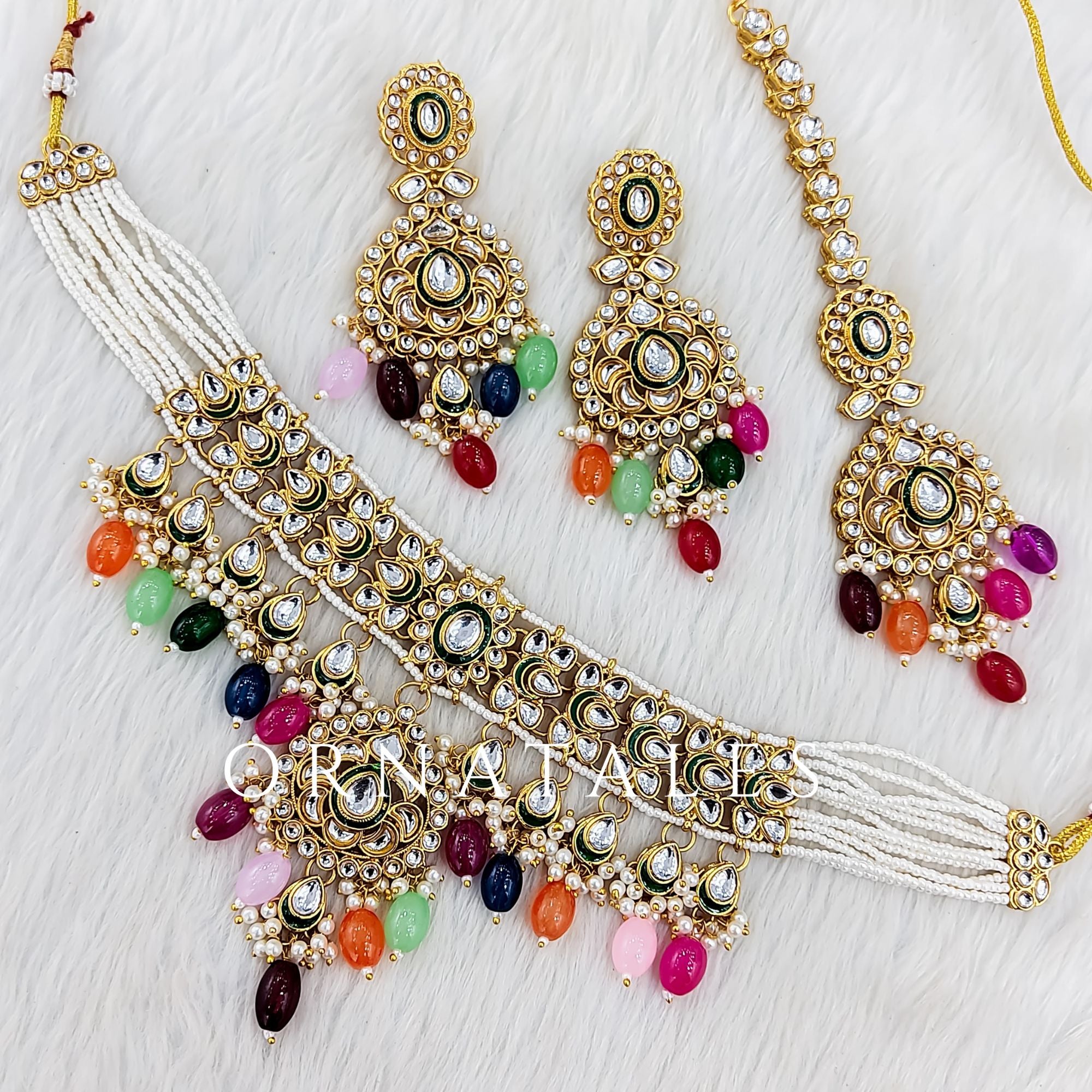Multicolor pearl kundan necklace set with matching earrings and tikli – bridal and festive jewelry – Ornatales