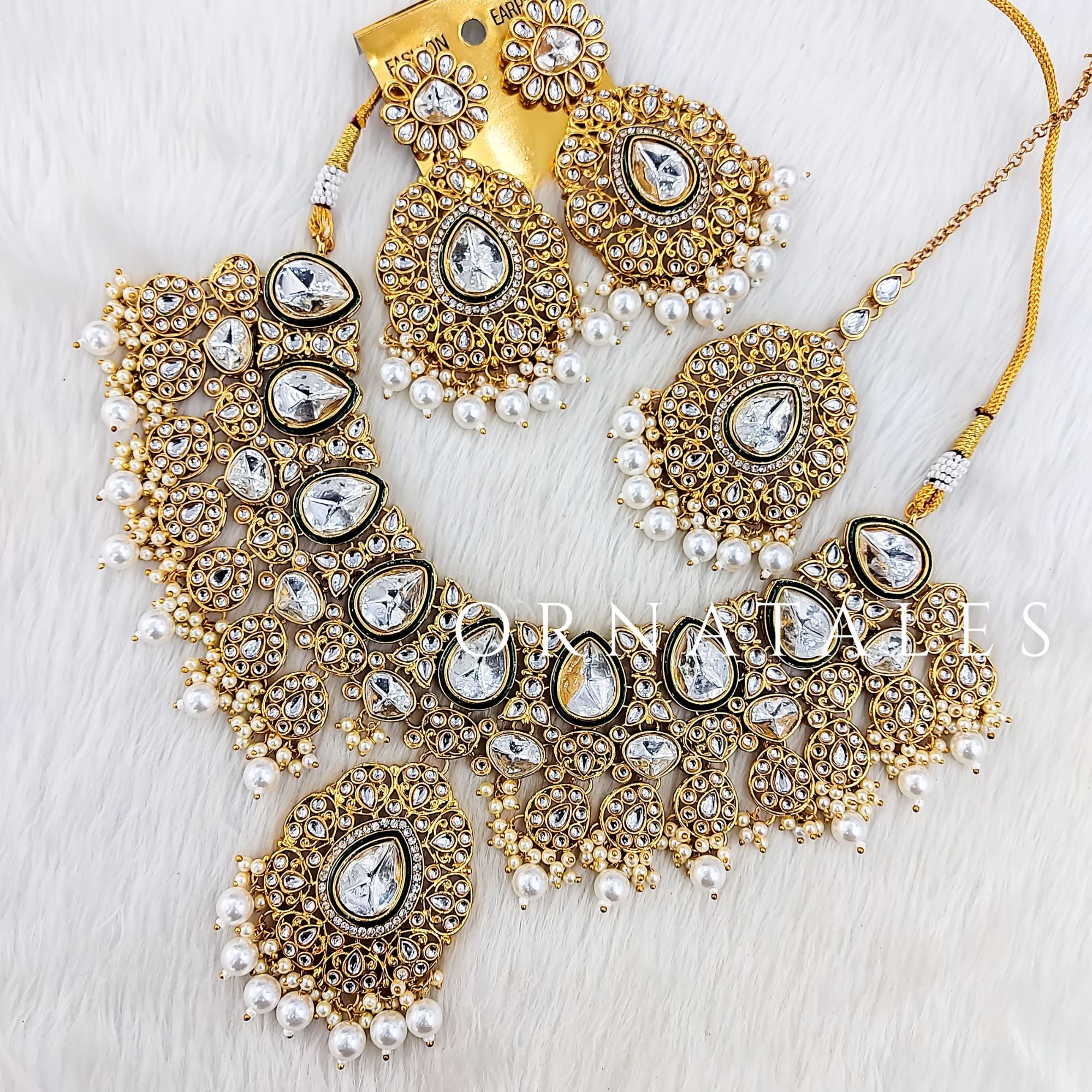 White pearl kundan necklace set with matching earrings and tikli – bridal and festive jewelry – Ornatales