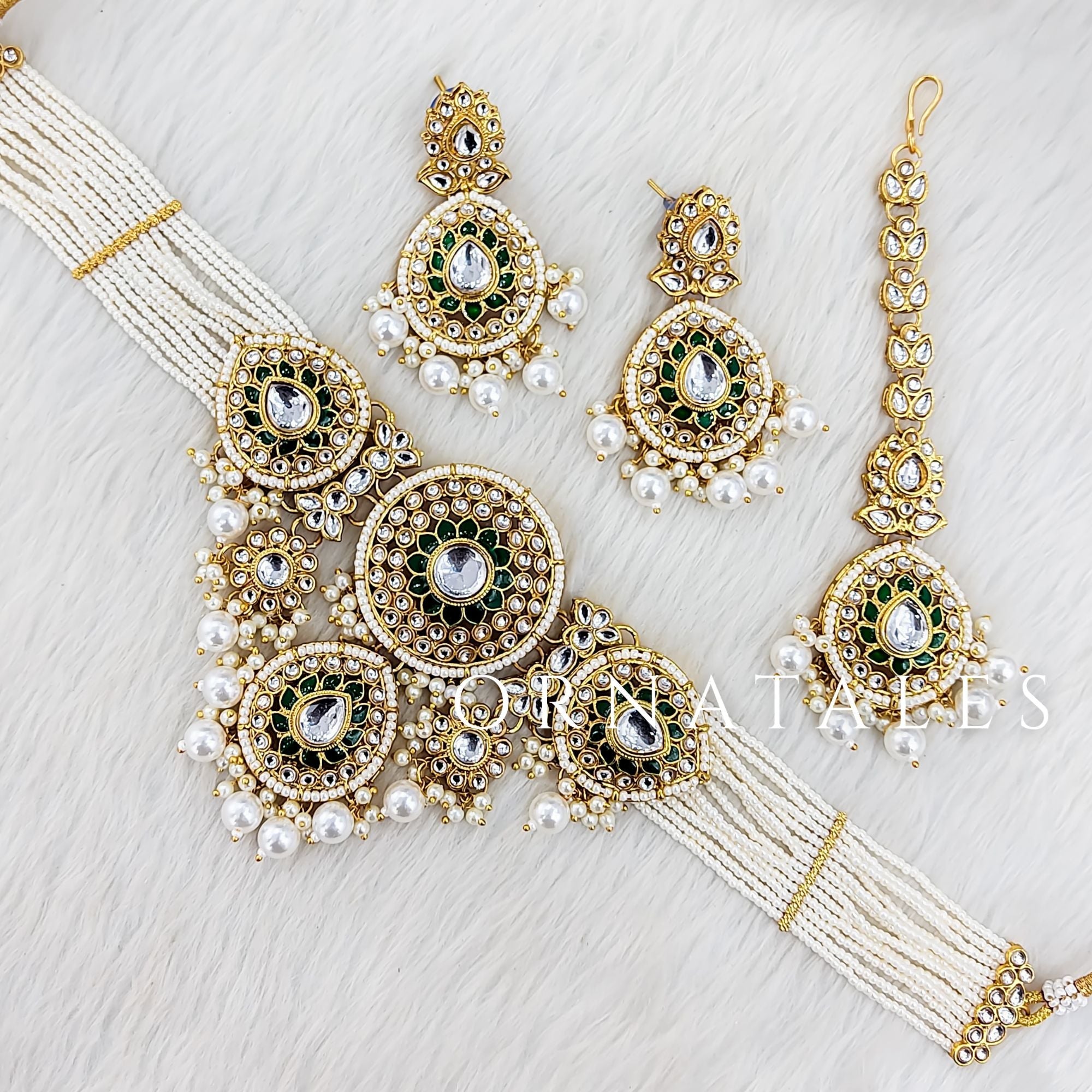 White pearl kundan necklace set with matching earrings and tikli – bridal and festive jewelry – Ornatales