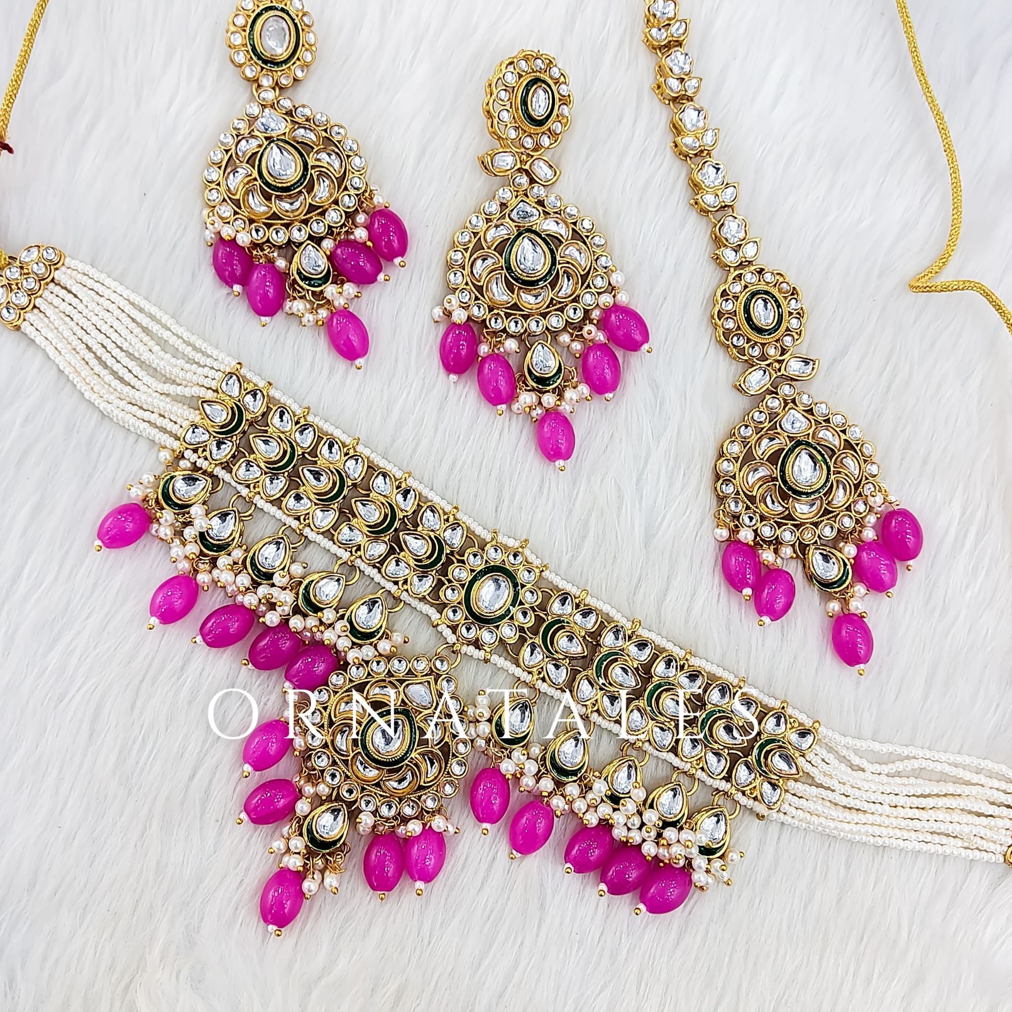 Royal Pink pearl kundan necklace set with matching earrings and tikli – bridal and festive jewelry – Ornatales