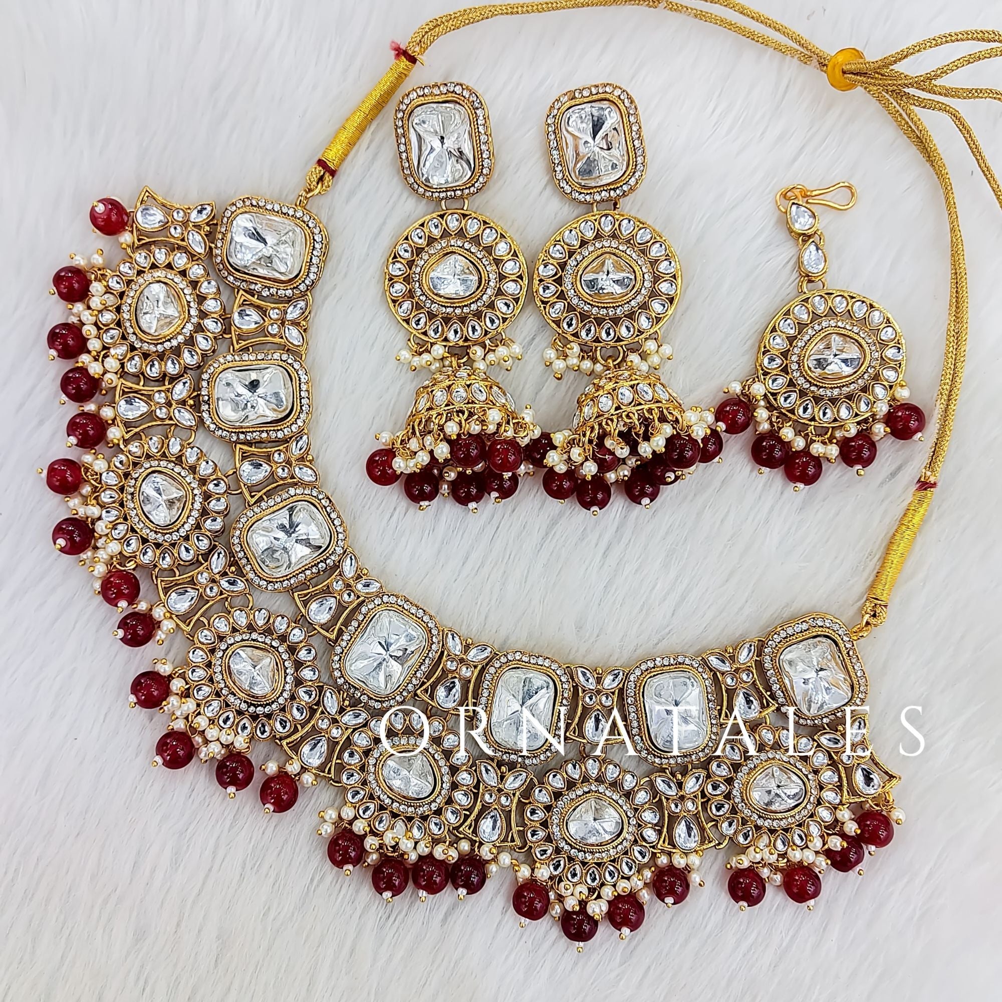 Maroon pearl kundan necklace set with matching earrings and tikli – bridal and festive jewelry – Ornatales