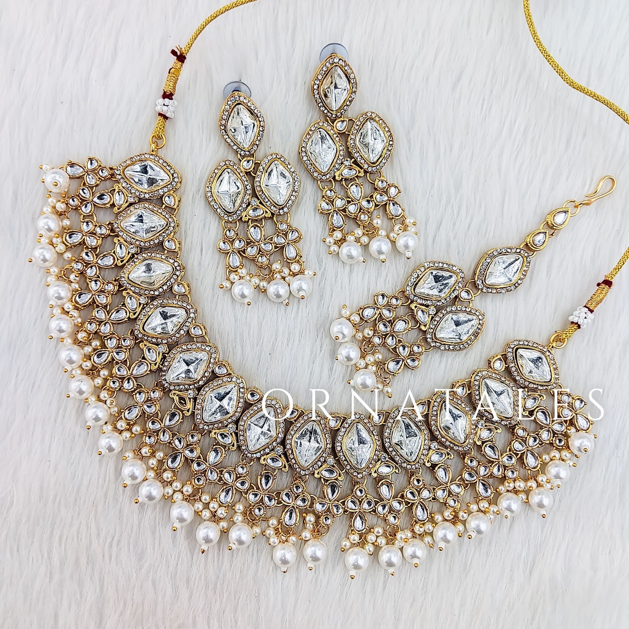 White pearl kundan necklace set with matching earrings and tikli – bridal and festive jewelry – Ornatales