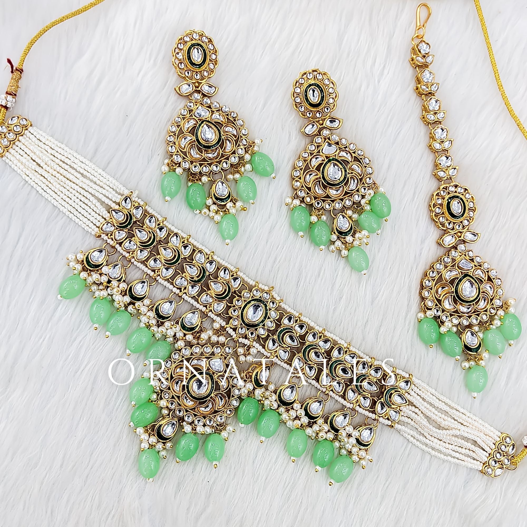 Mint pearl kundan necklace set with matching earrings and tikli – bridal and festive jewelry – Ornatales