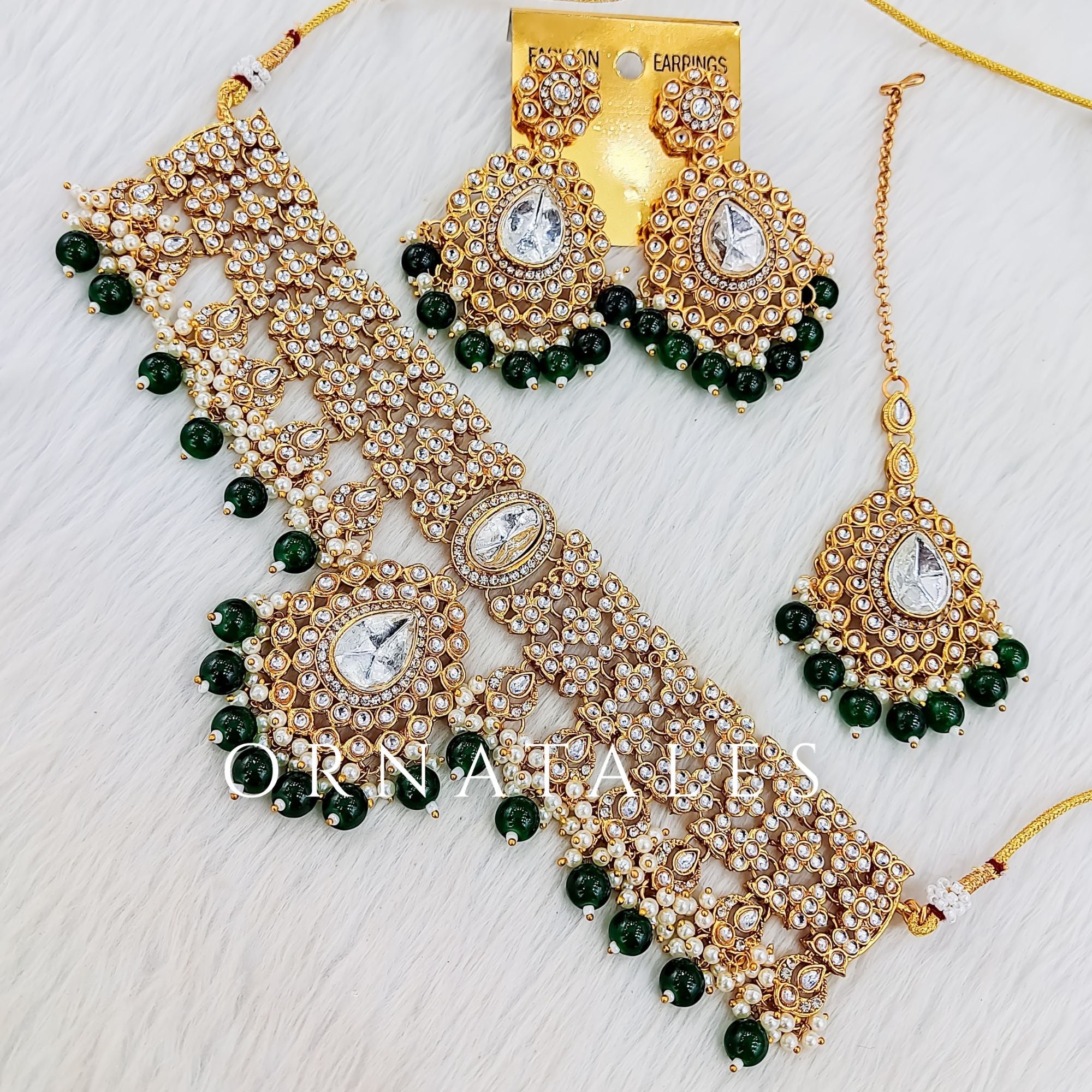 Emerald Green pearl kundan necklace set with matching earrings and tikli – bridal and festive jewelry – Ornatales