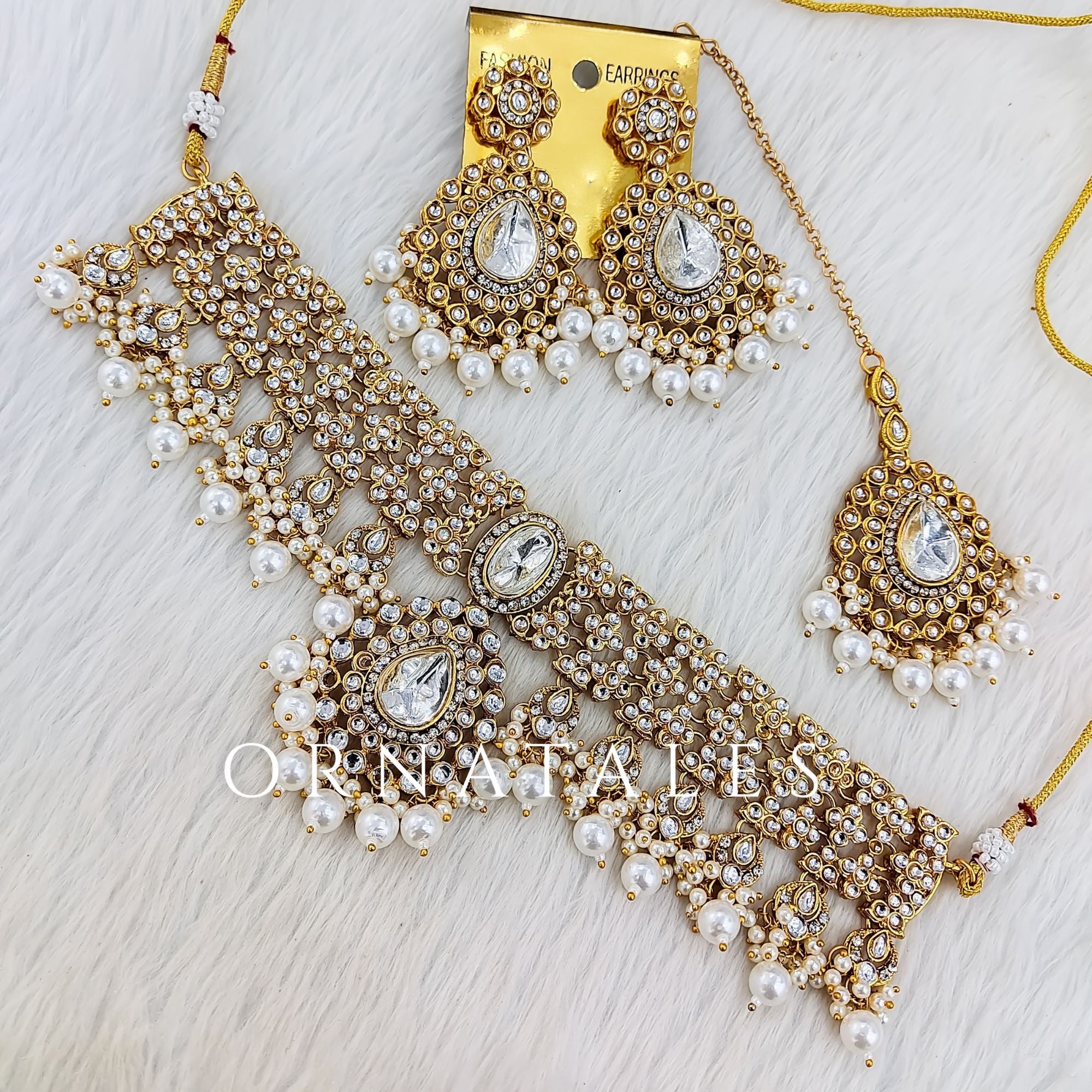 White pearl kundan necklace set with matching earrings and tikli – bridal and festive jewelry – Ornatales