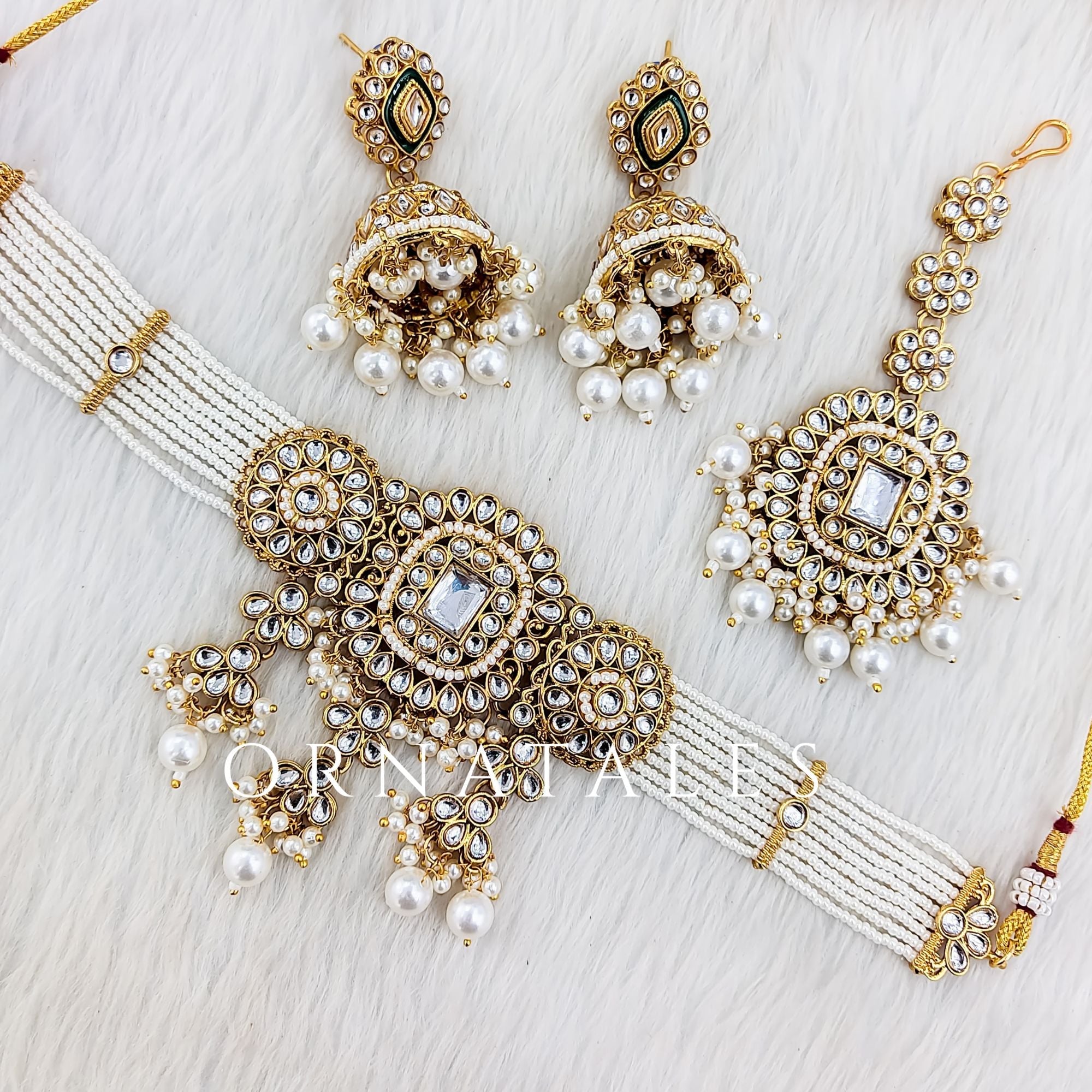 White pearl kundan necklace set with matching earrings and tikli – bridal and festive jewelry – Ornatales