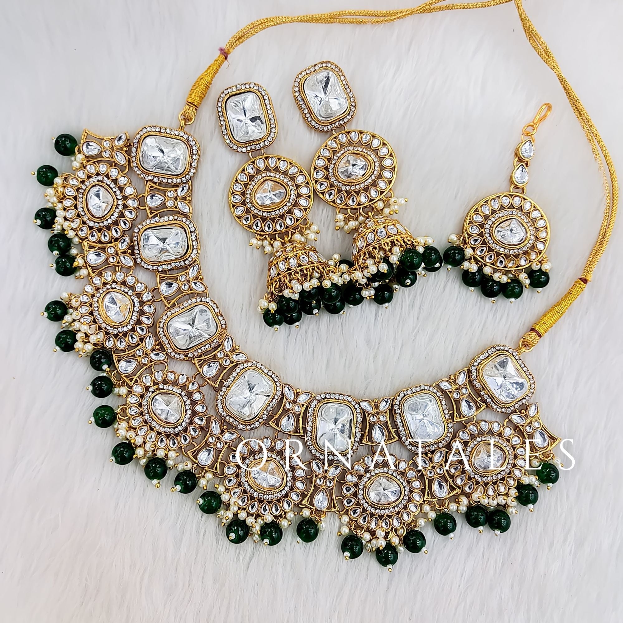 Emerald Green pearl kundan necklace set with matching earrings and tikli – bridal and festive jewelry – Ornatales